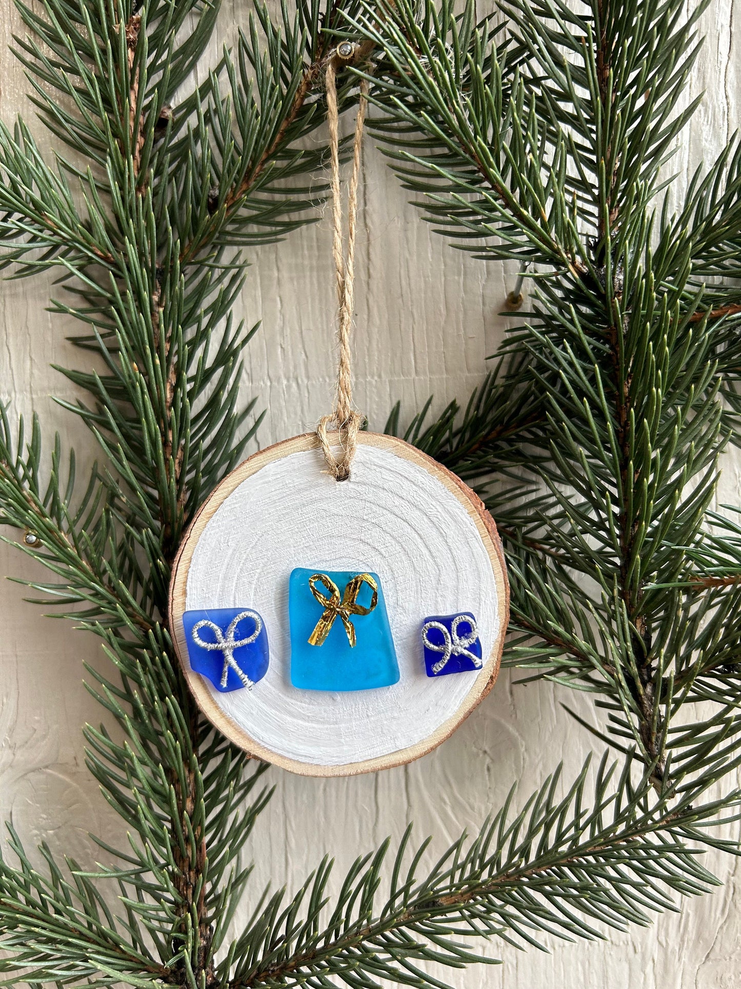 Scottish Sea Glass Presents Ornament, Natural Wood Slice, Holiday Gift