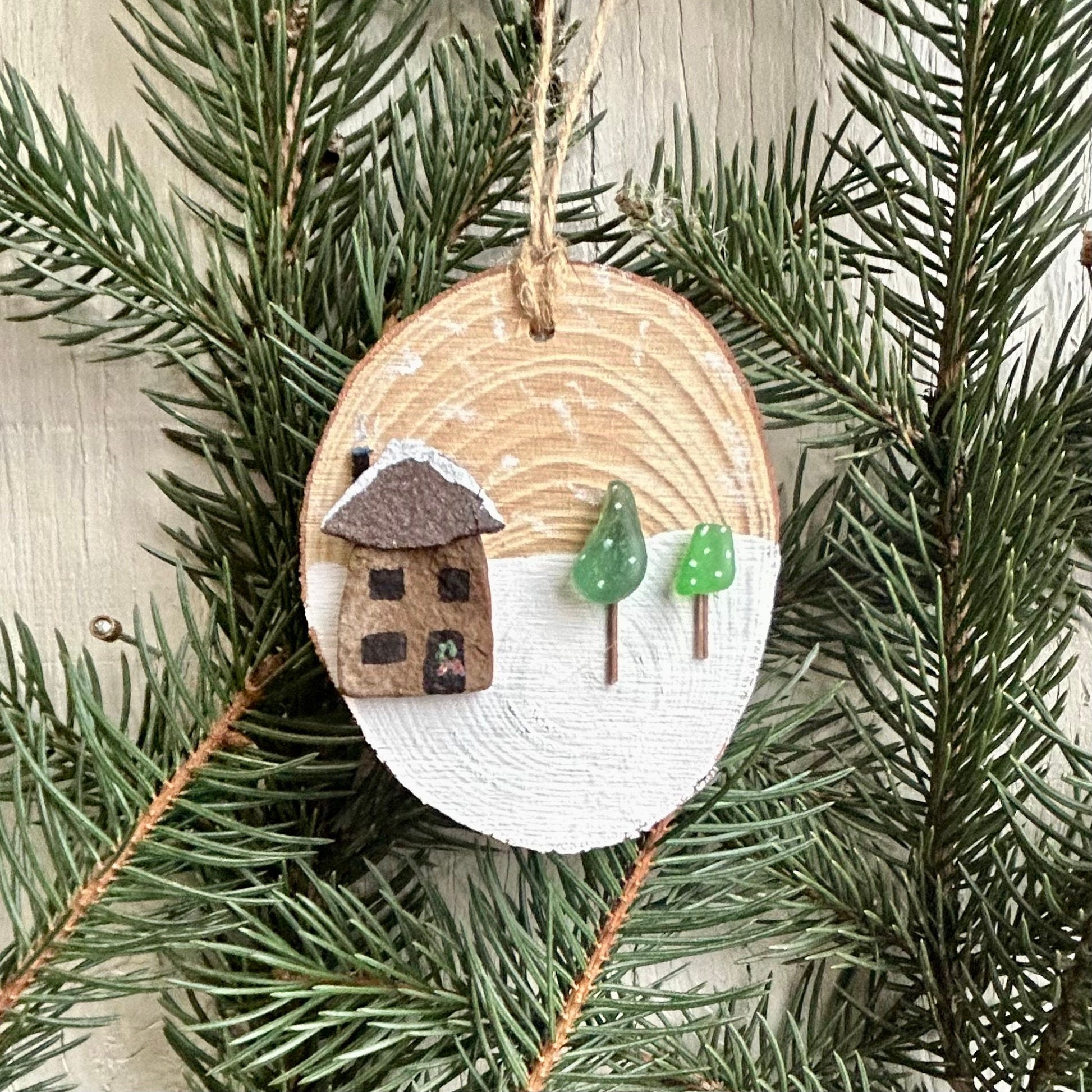 House in the Forest Ornament | Christmas Ornament | Handmade Pottery House and Sea Glass Trees | Stocking Stuffer | 3x3 Sea Glass Ornament