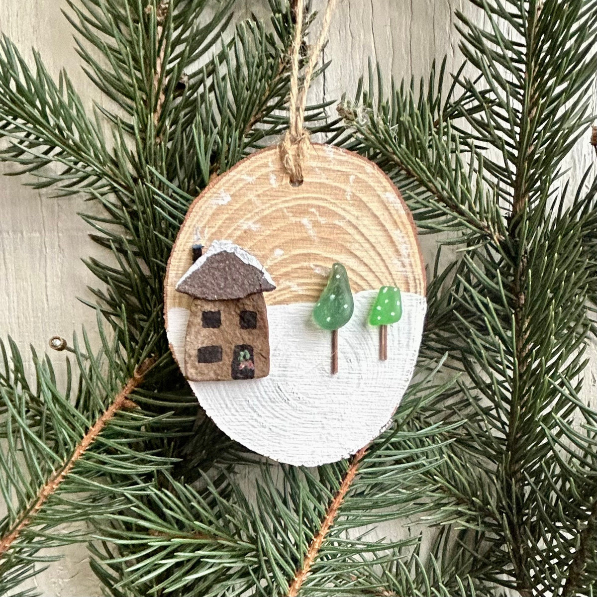 Handmade Christmas Ornament with Sea Pottery House and Sea Glass Trees Displayed on ~3” Dried Wood Round, Perfect Gift, Stocking Stuffer