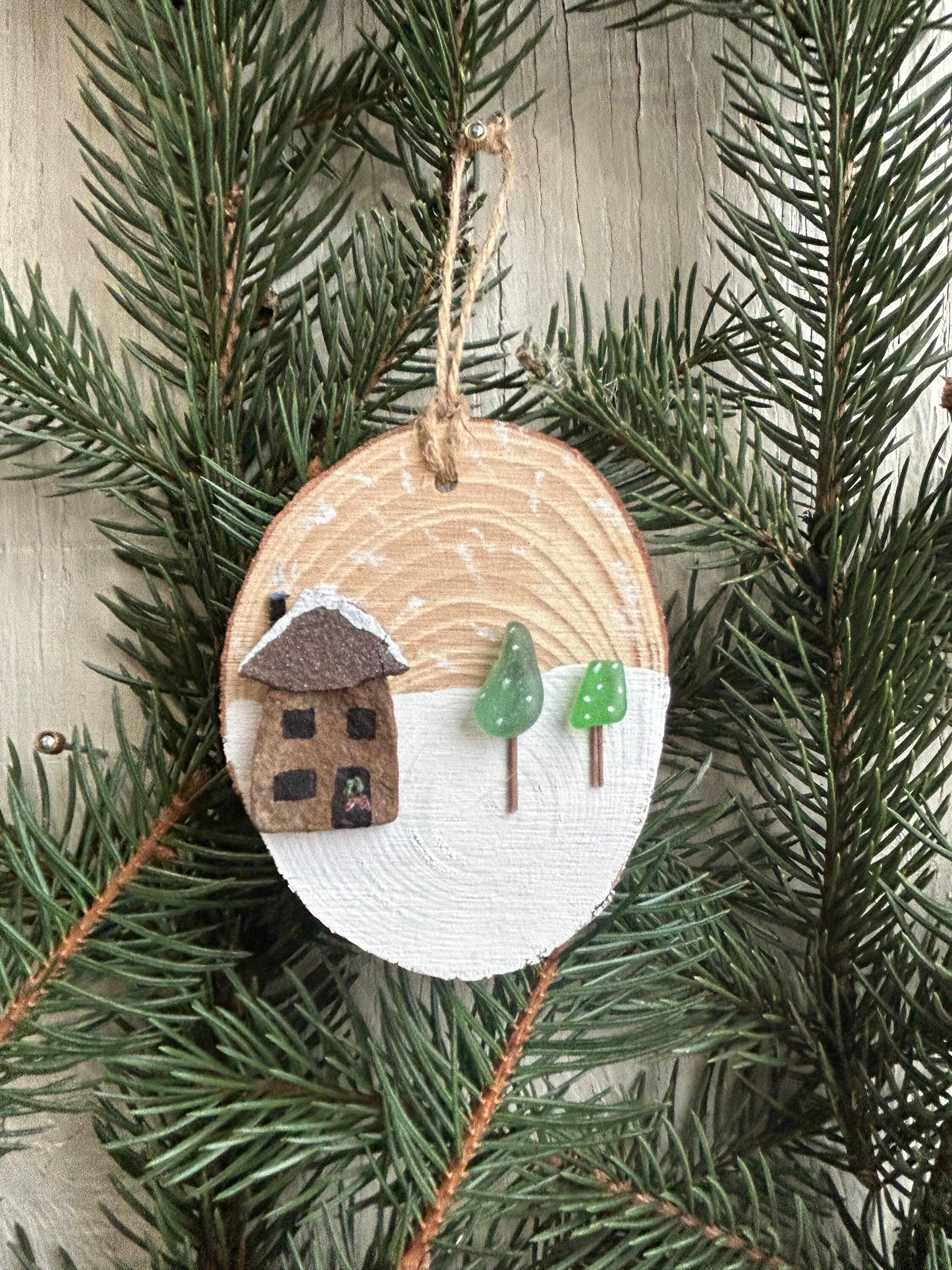House in the Forest Ornament | Christmas Ornament | Handmade Pottery House and Sea Glass Trees | Stocking Stuffer | 3x3 Sea Glass Ornament