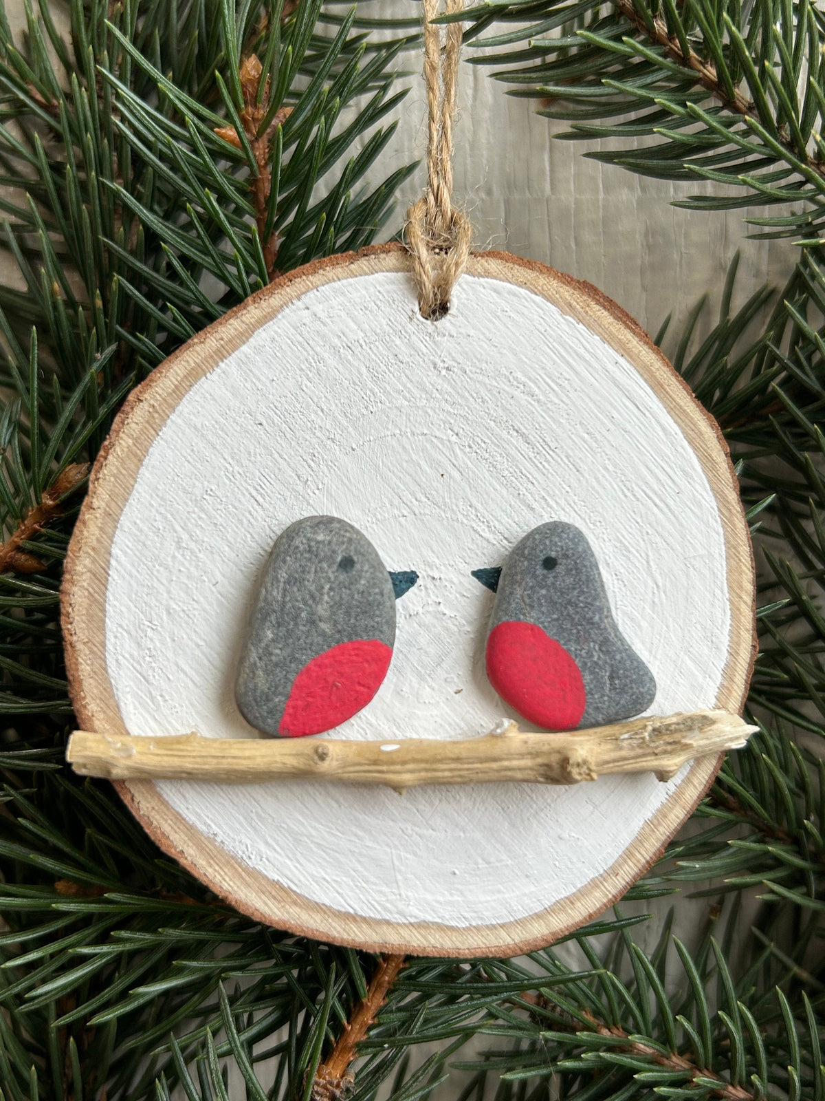 Handmade Robin Pebble Art Christmas Tree Ornaments, one and two robins displayed on ~3” Dried Wood Round, Perfect Gift, Stocking Stuffer