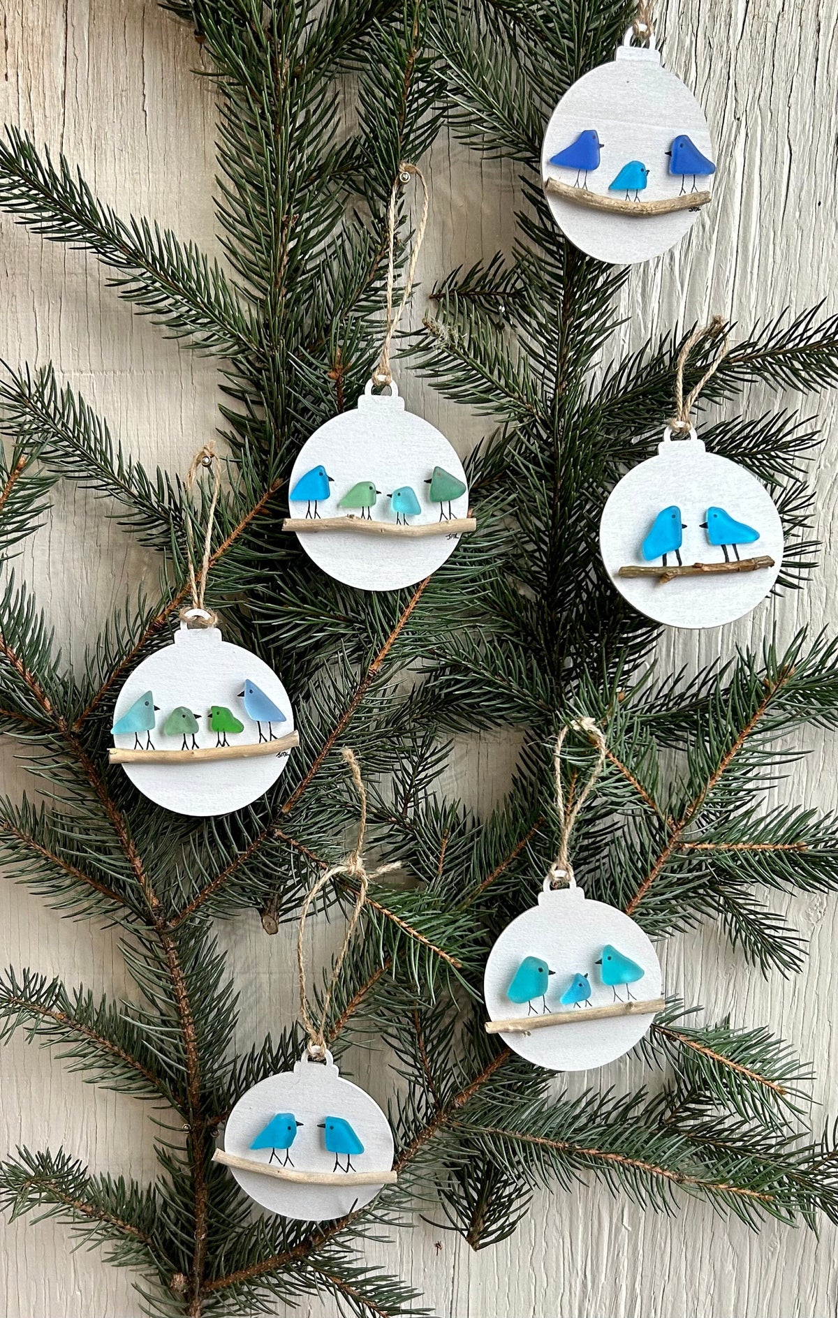 Handmade Family of Sea Glass Birds Christmas Ornament, Couple, Family of 3, Family of 4, Family of 5, Perfect Holiday Gift, Drift Wood