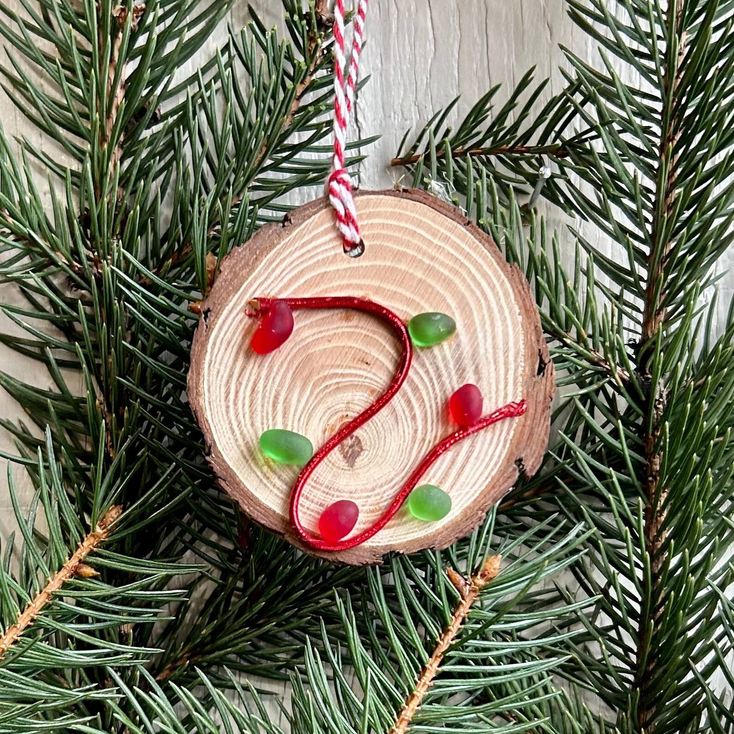 Christmas Lights Ornament | Red and Green Ornament from Scottish Sea Glass | Dried Wood Round, Holiday Gift, Stocking Stuffer | 3x3 Ornament