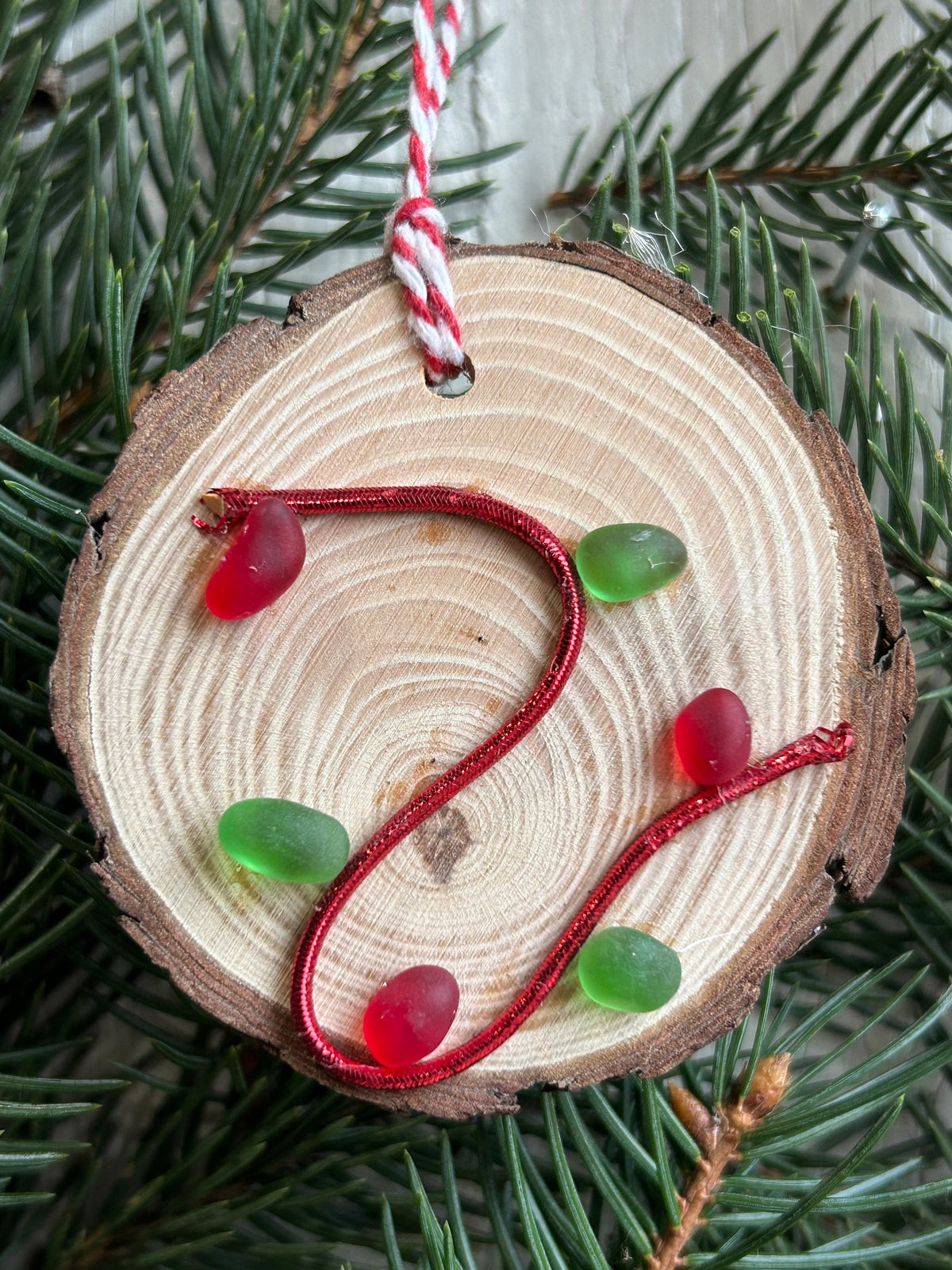 Sea Glass Christmas Lights on wood round made from Scottish Seaglass and Dried Wood, Perfect Holiday Gift, Stocking Stuffer