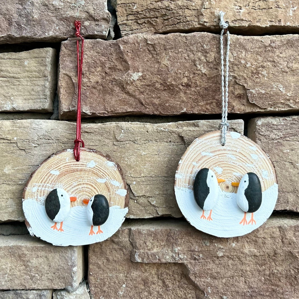Penguin Ornament, Handmade. Made from Beach Pebbles and Scottish Sea Glass on a Dried Wood Round, Perfect Holiday Gift, Stocking Stuffer