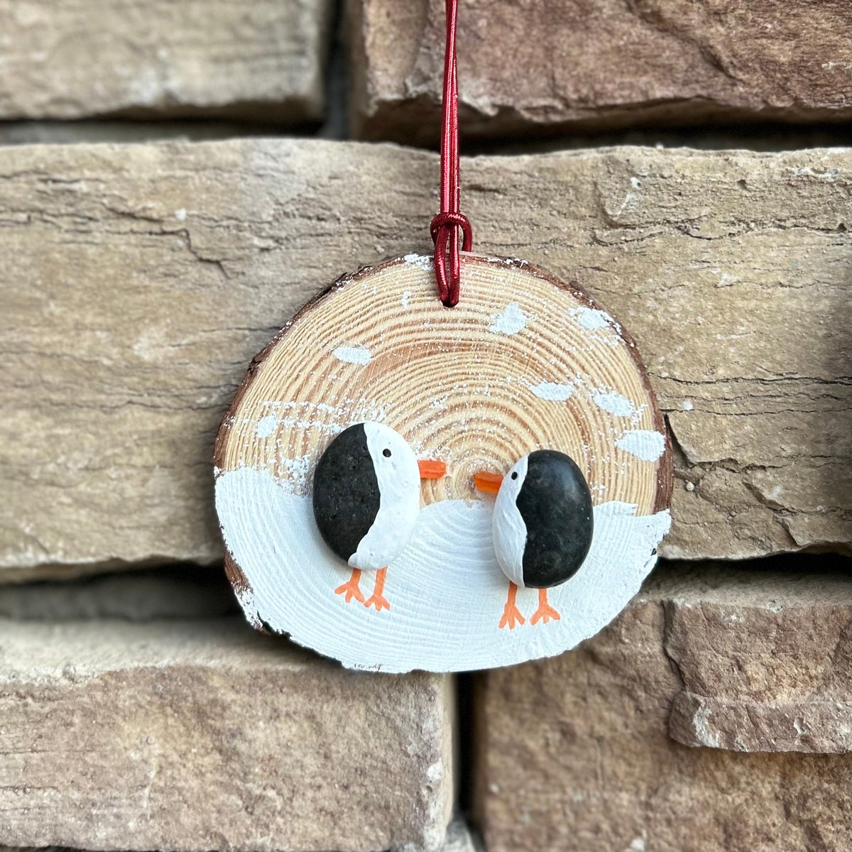Penguin Ornament, Handmade. Made from Beach Pebbles and Scottish Sea Glass on a Dried Wood Round, Perfect Holiday Gift, Stocking Stuffer