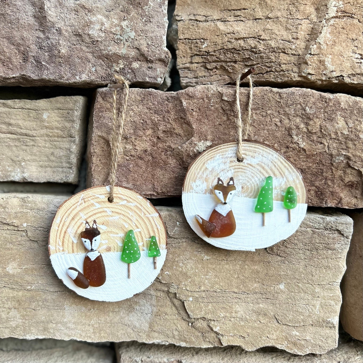 Little Fox in the Snow Christmas Ornament Made from Scottish Sea Glass on a Dried Wood Round, Perfect Holiday Gift, Stocking Stuffer