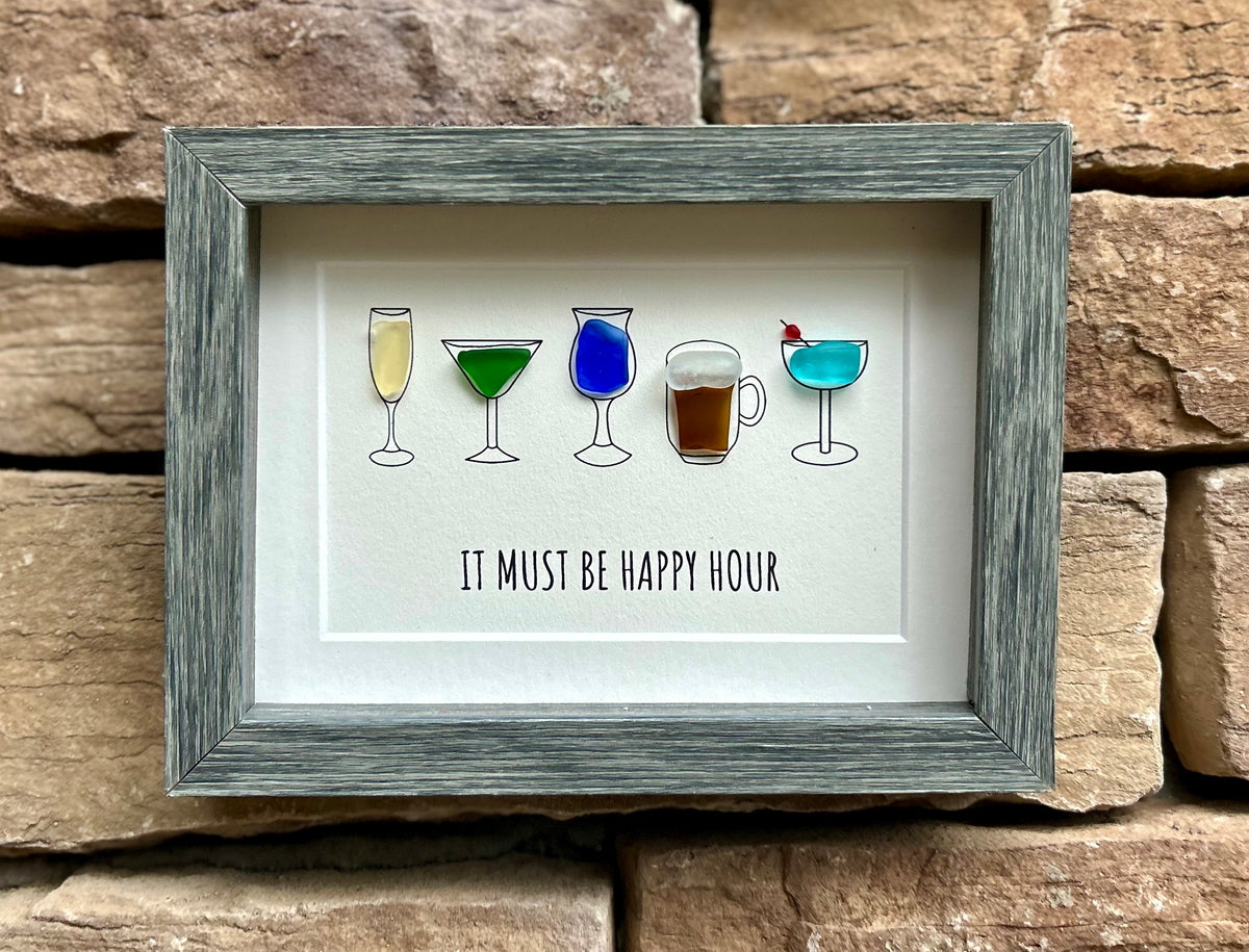 Happy Hour Sea Glass Art, 5x7 Framed Handmade Picture, Bar Decoration, Cocktail Art, Housewarming Gift, Gift for Friend