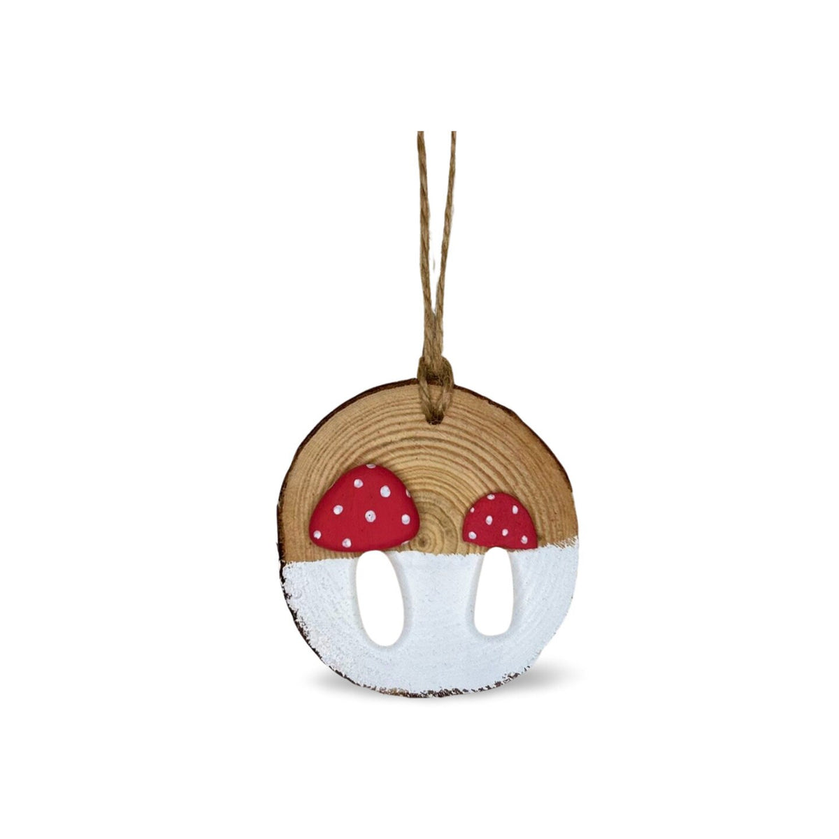 Mushroom Pebble Art Christmas Tree Ornament, Two Mushrooms are Displayed on ~3” Dried Wood Round, Perfect Holiday Gift or Stocking Stuffer
