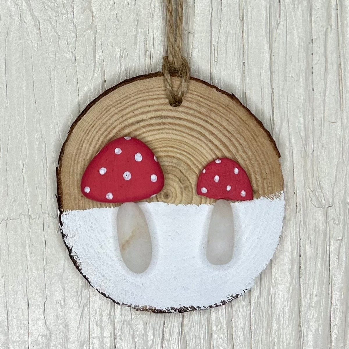 Mushroom Pebble Art Christmas Tree Ornament, Two Mushrooms are Displayed on ~3” Dried Wood Round, Perfect Holiday Gift or Stocking Stuffer