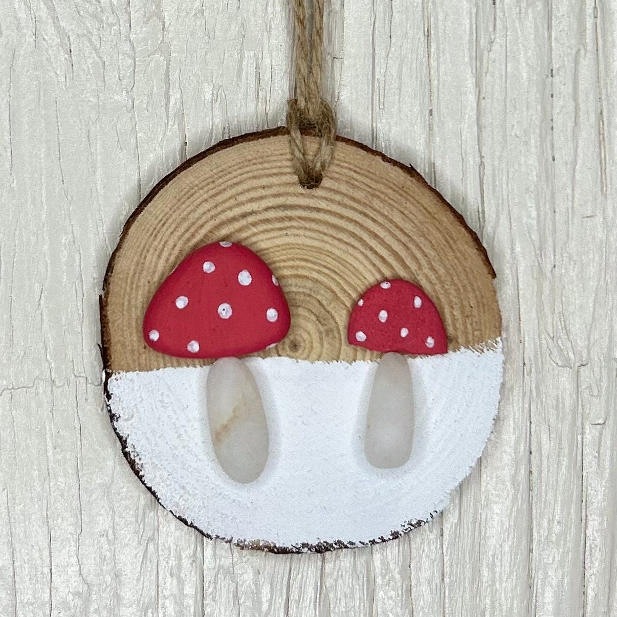 Mushroom Ornament | Red and White Mushrooms |Two Mushrooms are Displayed on ~3” Dried Wood Round | Holiday Gift | Stocking Stuffer | 3x3 Art