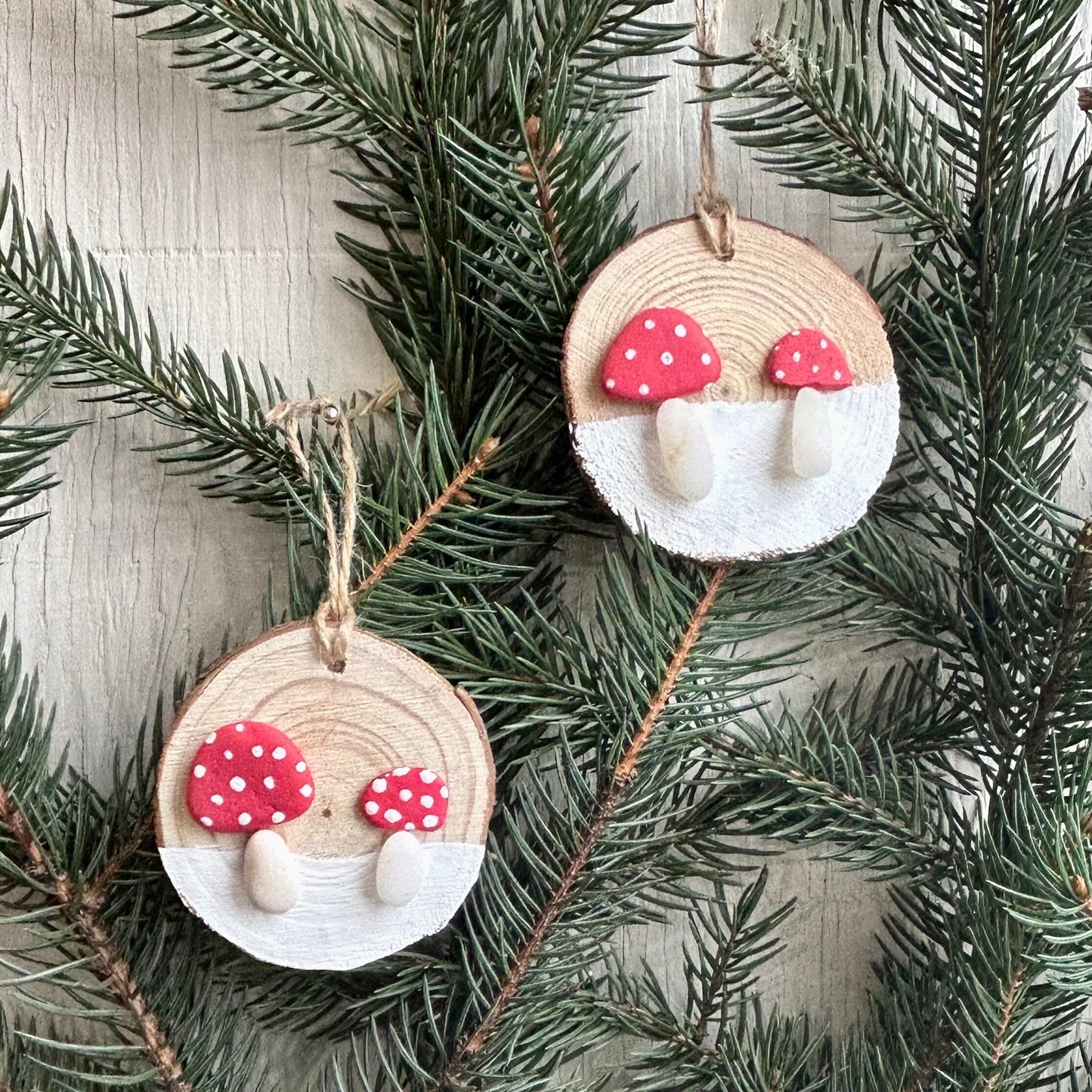Mushroom Ornament | Red and White Mushrooms |Two Mushrooms are Displayed on ~3” Dried Wood Round | Holiday Gift | Stocking Stuffer | 3x3 Art