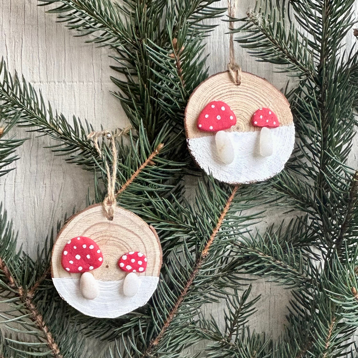 Mushroom Pebble Art Christmas Tree Ornament, Two Mushrooms are Displayed on ~3” Dried Wood Round, Perfect Holiday Gift or Stocking Stuffer