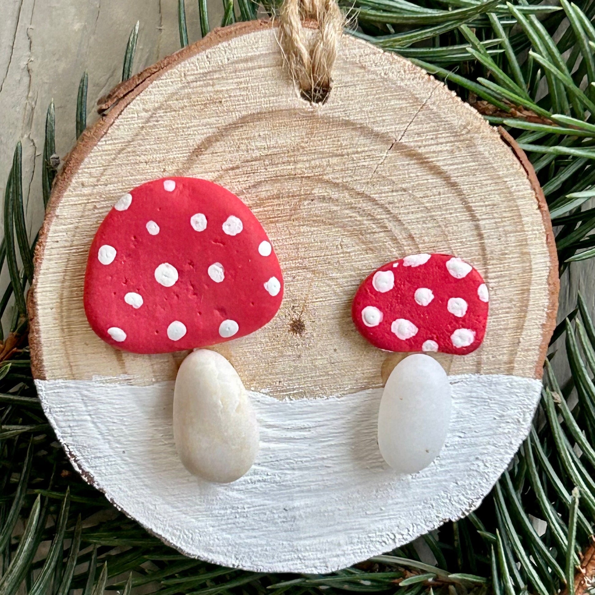 Mushroom Ornament | Red and White Mushrooms |Two Mushrooms are Displayed on ~3” Dried Wood Round | Holiday Gift | Stocking Stuffer | 3x3 Art