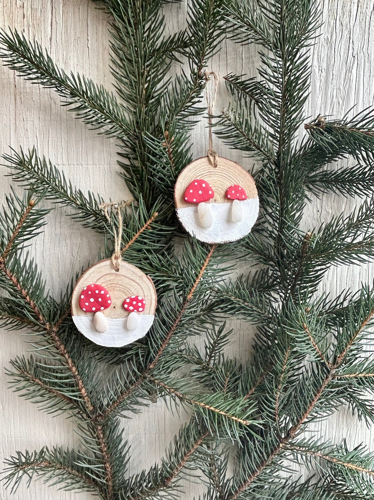 Mushroom Ornament | Red and White Mushrooms |Two Mushrooms are Displayed on ~3” Dried Wood Round | Holiday Gift | Stocking Stuffer | 3x3 Art