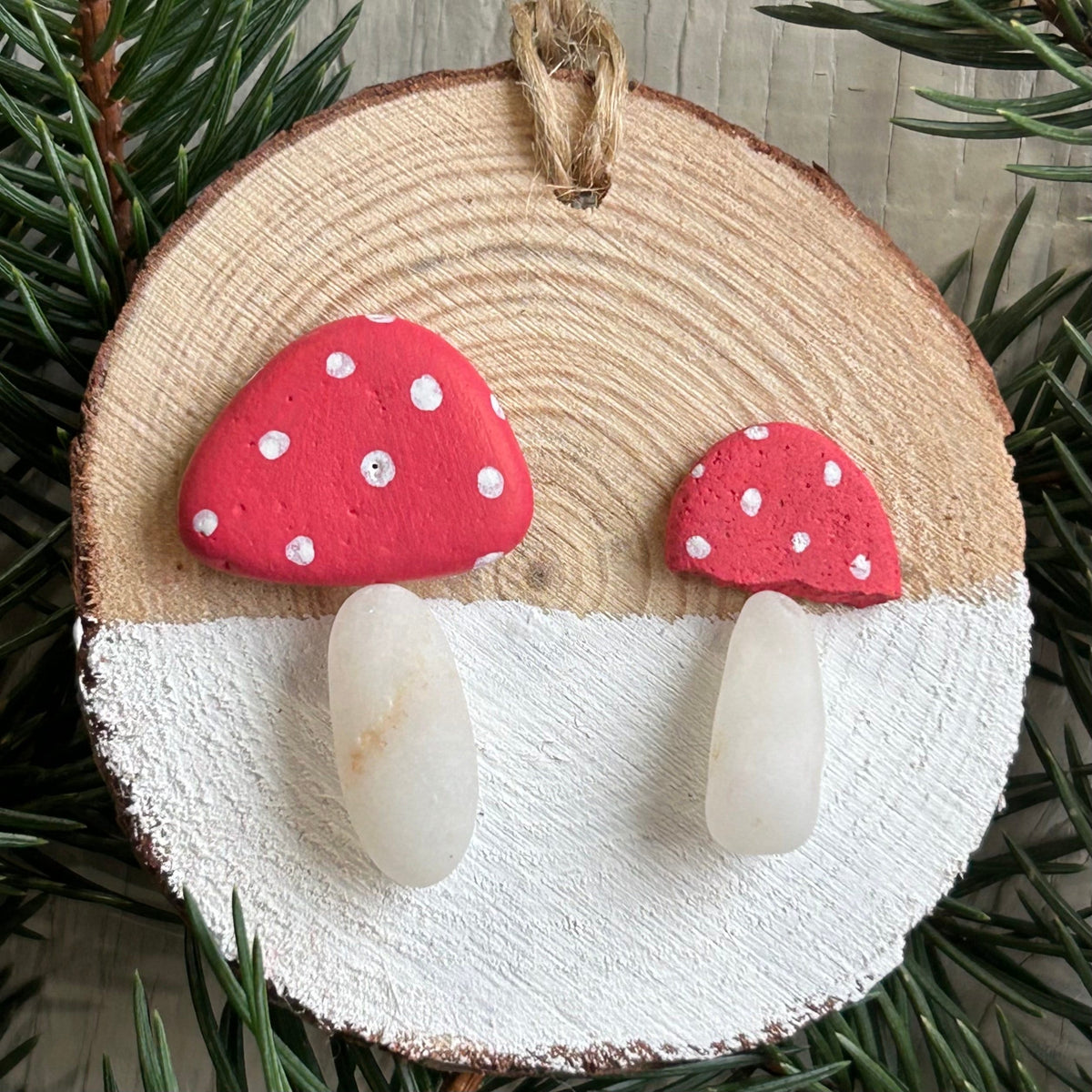 Mushroom Pebble Art Christmas Tree Ornament, Two Mushrooms are Displayed on ~3” Dried Wood Round, Perfect Holiday Gift or Stocking Stuffer