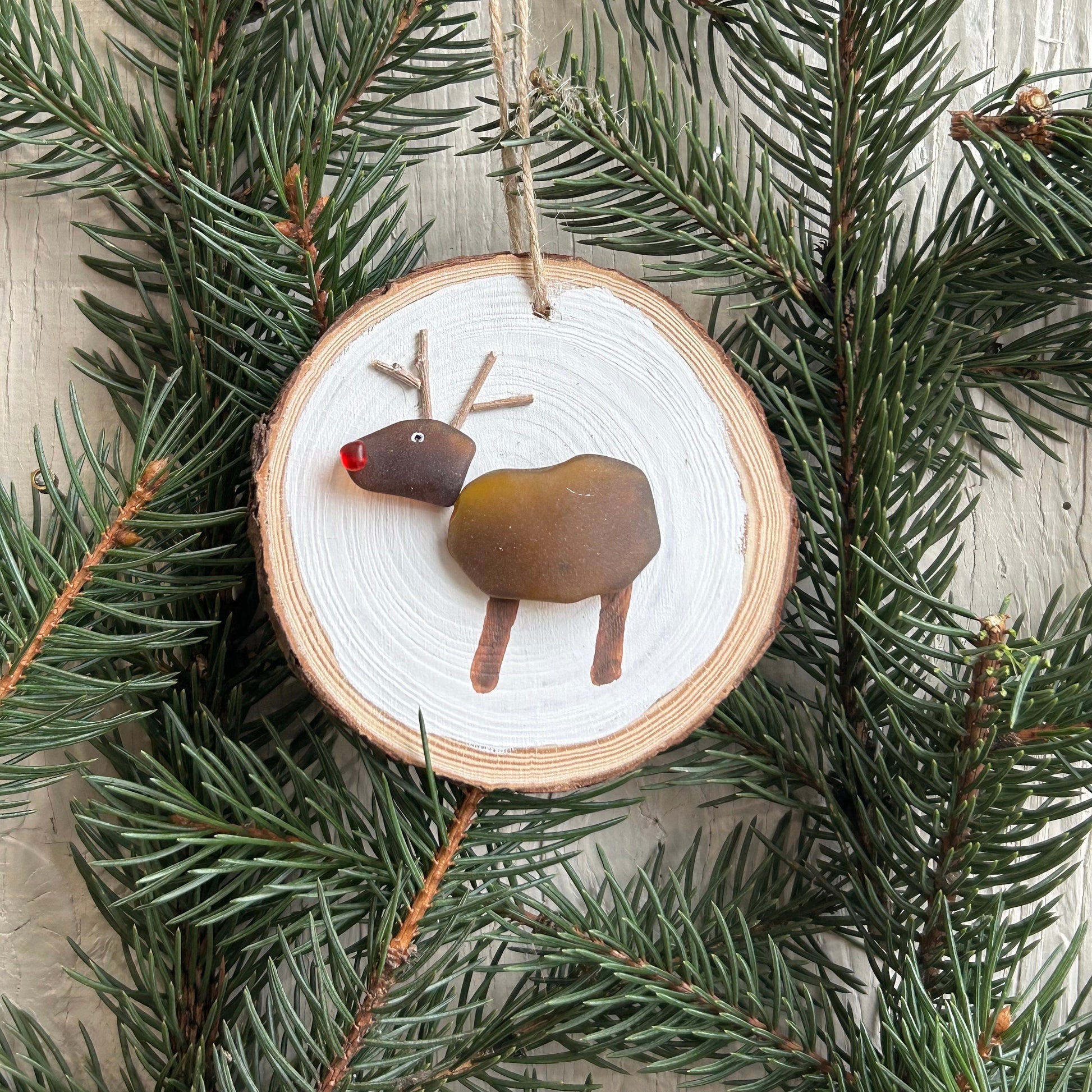 Reindeer Ornament | Christma Ornament | Rudolph Ornament | Perfect Holiday Gift | Stocking Stuffer | 3x3 Sea Glass Ornament On Wood Round