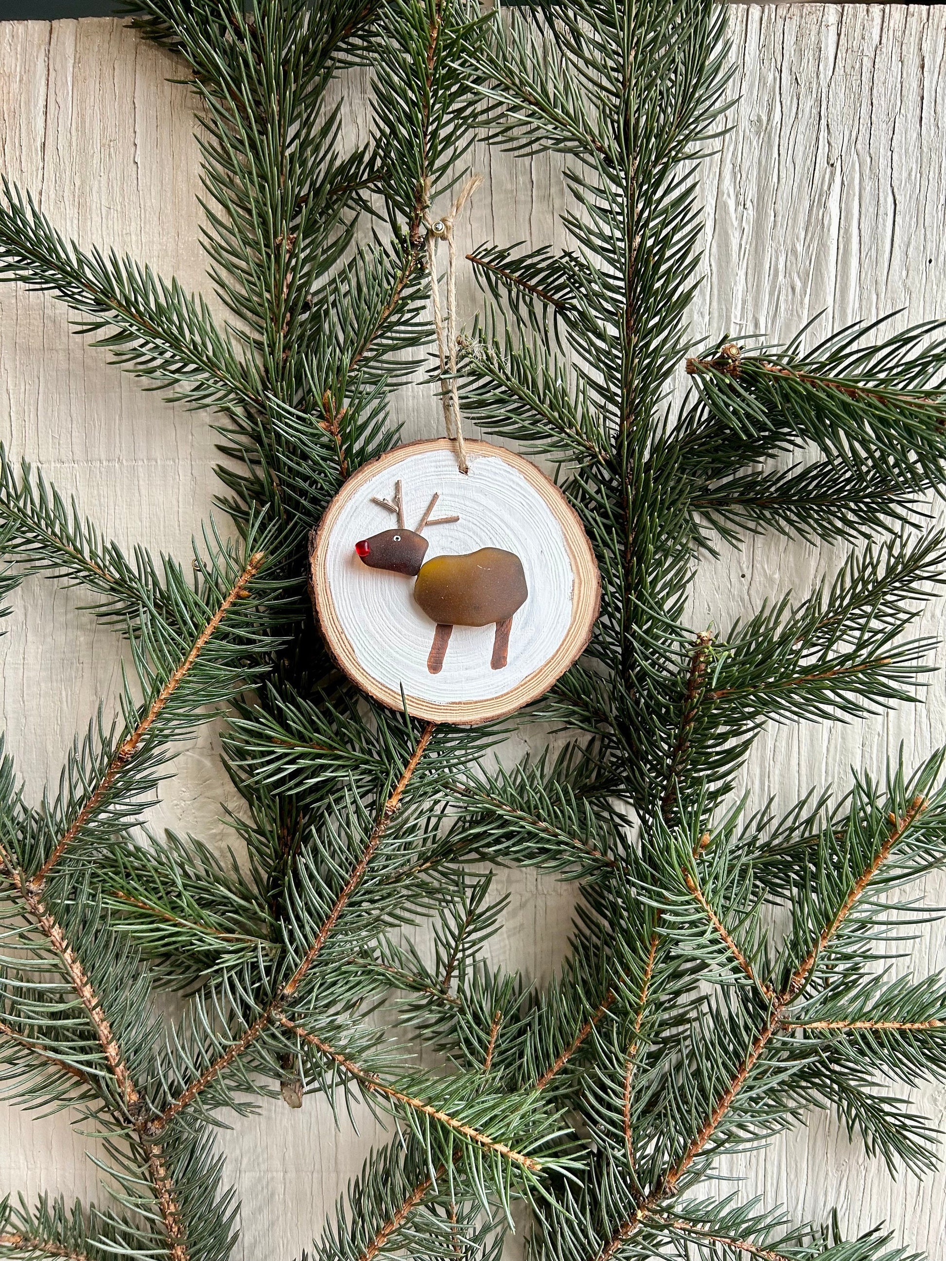 Reindeer Ornament | Christma Ornament | Rudolph Ornament | Perfect Holiday Gift | Stocking Stuffer | 3x3 Sea Glass Ornament On Wood Round