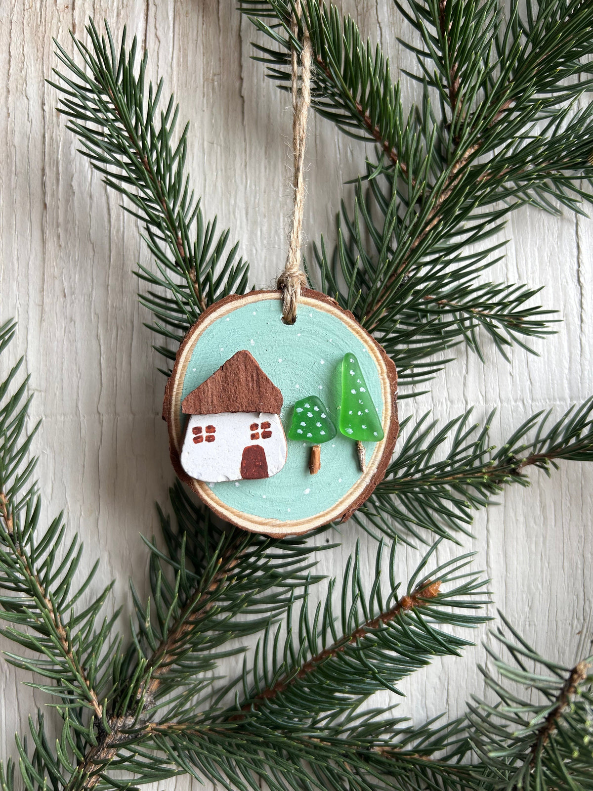 Handmade Christmas Ornament with Sea Pottery House and Sea Glass Trees Displayed on ~3” Dried Wood Round, Perfect Gift, Stocking Stuffer