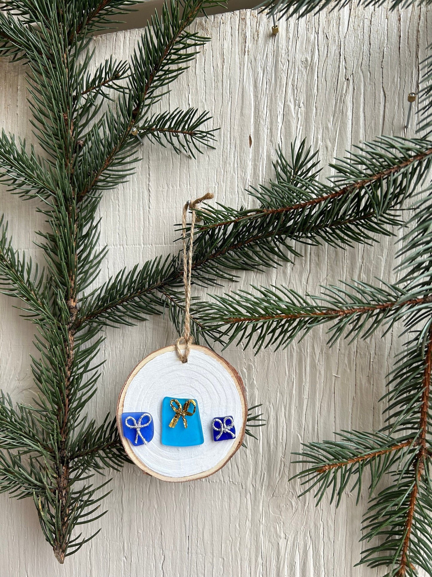 Scottish Sea Glass Presents Ornament, Natural Wood Slice, Holiday Gift