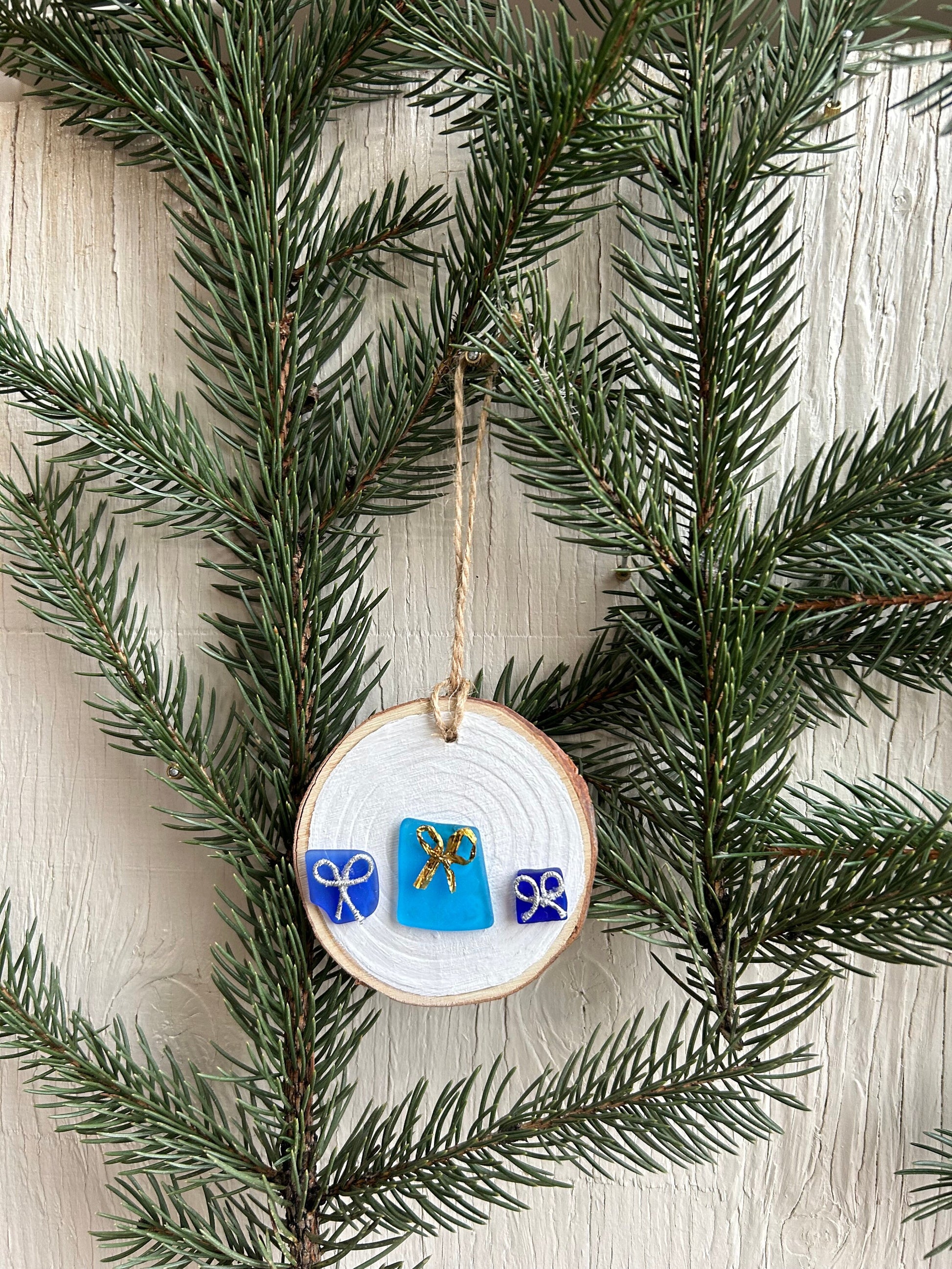 Scottish Sea Glass Presents Ornament, Natural Wood Slice, Holiday Gift