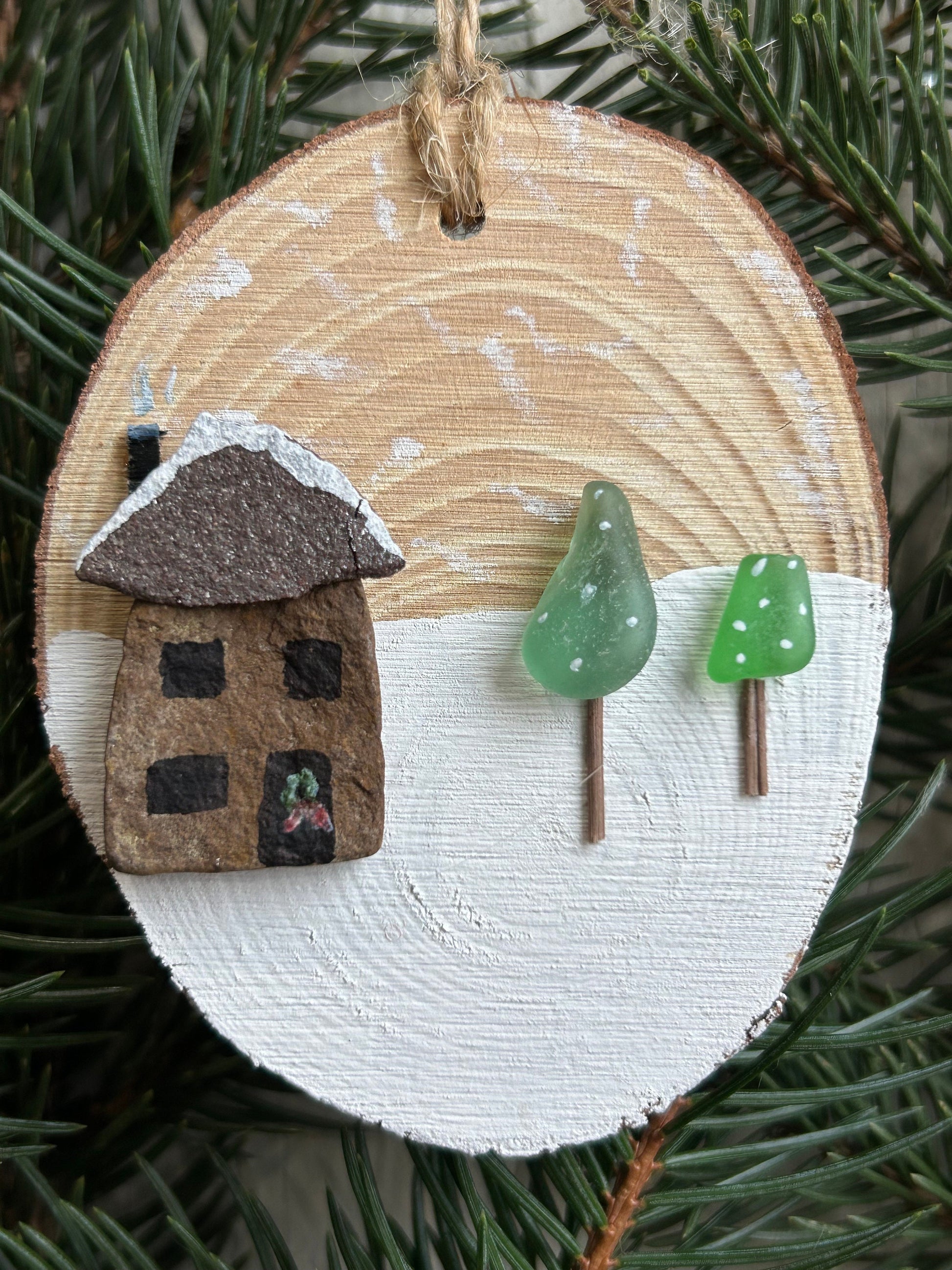 House in the Forest Ornament | Christmas Ornament | Handmade Pottery House and Sea Glass Trees | Stocking Stuffer | 3x3 Sea Glass Ornament