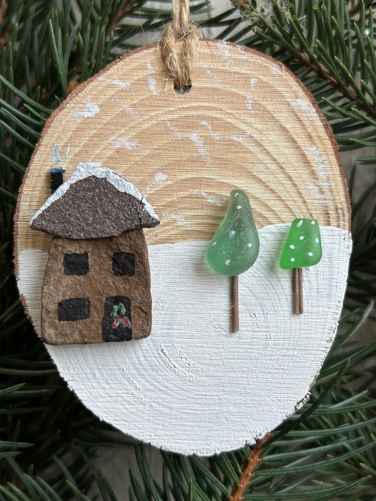 Handmade Christmas Ornament with Sea Pottery House and Sea Glass Trees Displayed on ~3” Dried Wood Round, Perfect Gift, Stocking Stuffer