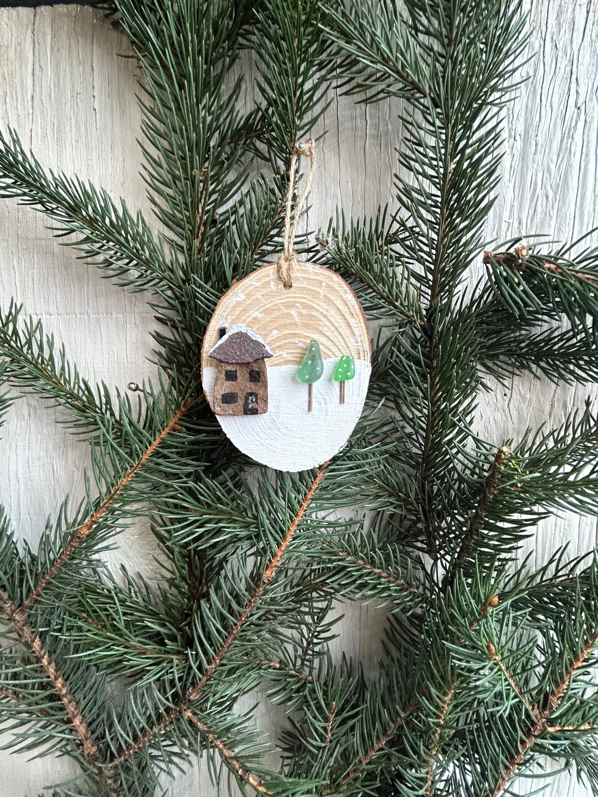 Handmade Christmas Ornament with Sea Pottery House and Sea Glass Trees Displayed on ~3” Dried Wood Round, Perfect Gift, Stocking Stuffer