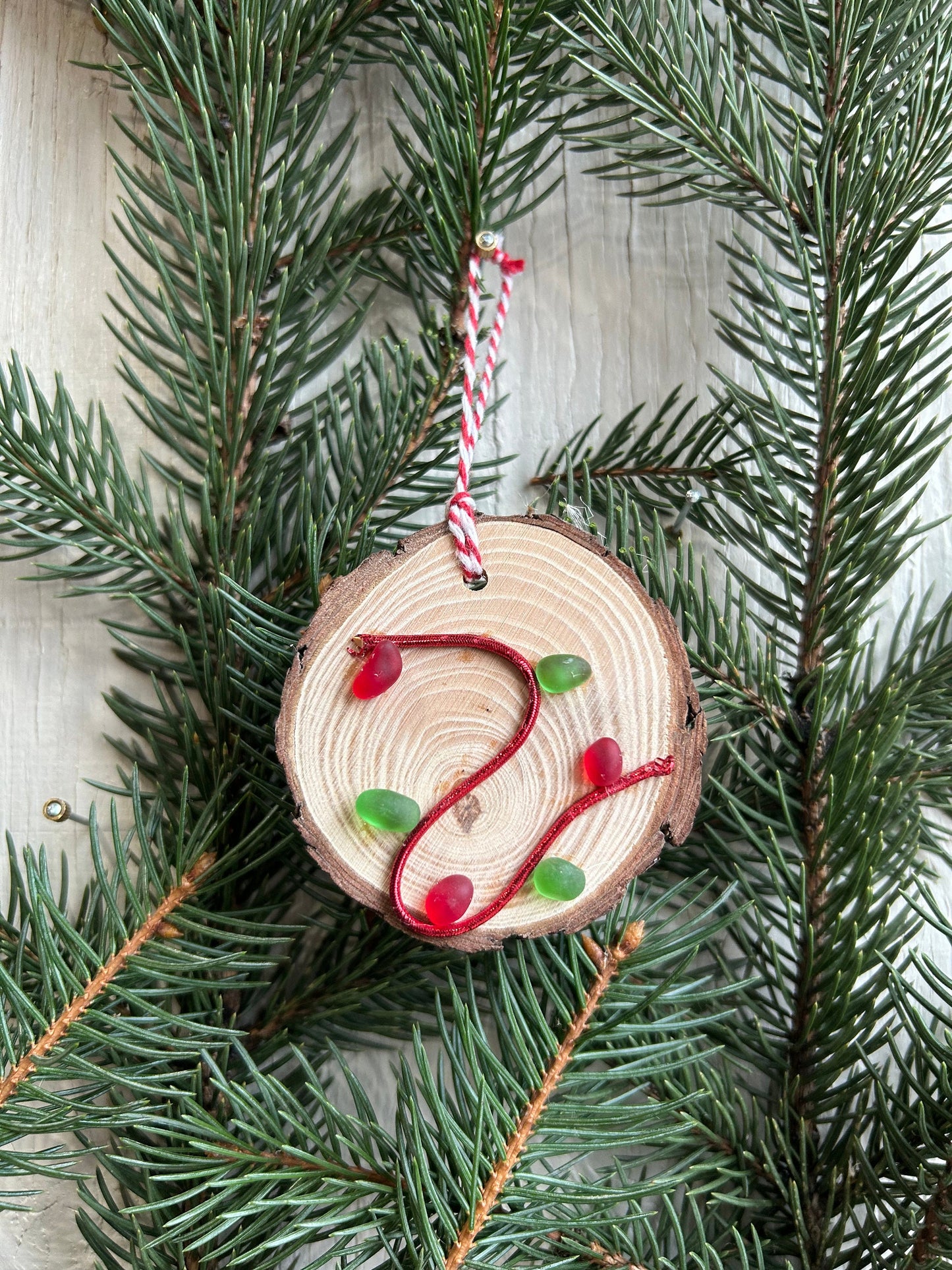 Christmas Lights Ornament | Red and Green Ornament from Scottish Sea Glass | Dried Wood Round, Holiday Gift, Stocking Stuffer | 3x3 Ornament