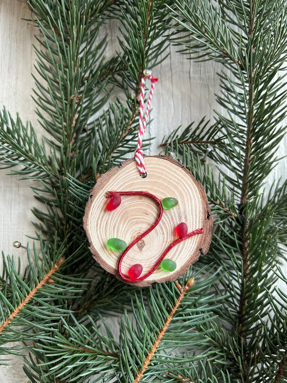 Sea Glass Christmas Lights on wood round made from Scottish Seaglass and Dried Wood, Perfect Holiday Gift, Stocking Stuffer