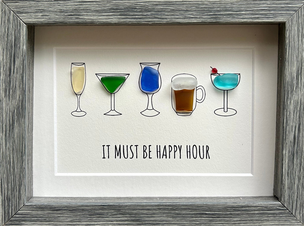 Happy Hour Sea Glass Art, 5x7 Framed Handmade Picture, Bar Decoration, Cocktail Art, Housewarming Gift, Gift for Friend