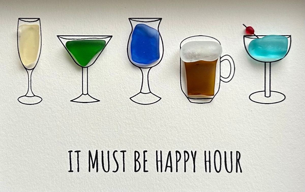 Happy Hour Sea Glass Art, 5x7 Framed Handmade Picture, Bar Decoration, Cocktail Art, Housewarming Gift, Gift for Friend