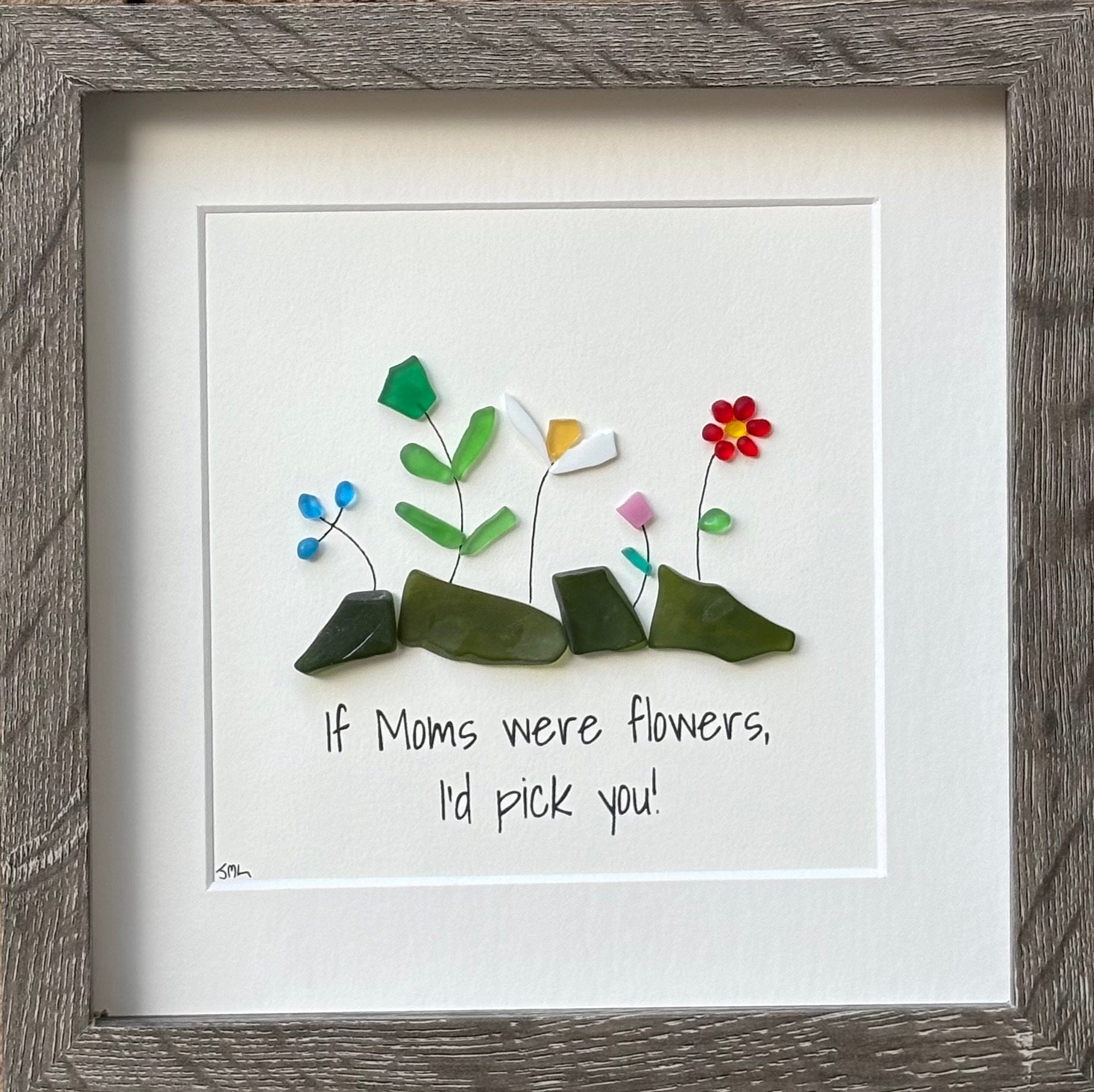 Sea Glass Flower Art, Gift for Mom, Framed Mothers Day Gift (9x9")