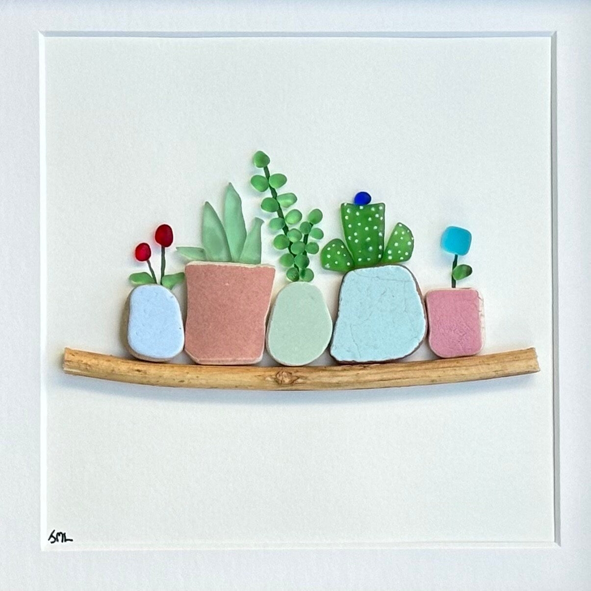 Sea Glass Plant Mosaic, Framed Beach Pottery Art, Handmade Wall Decor