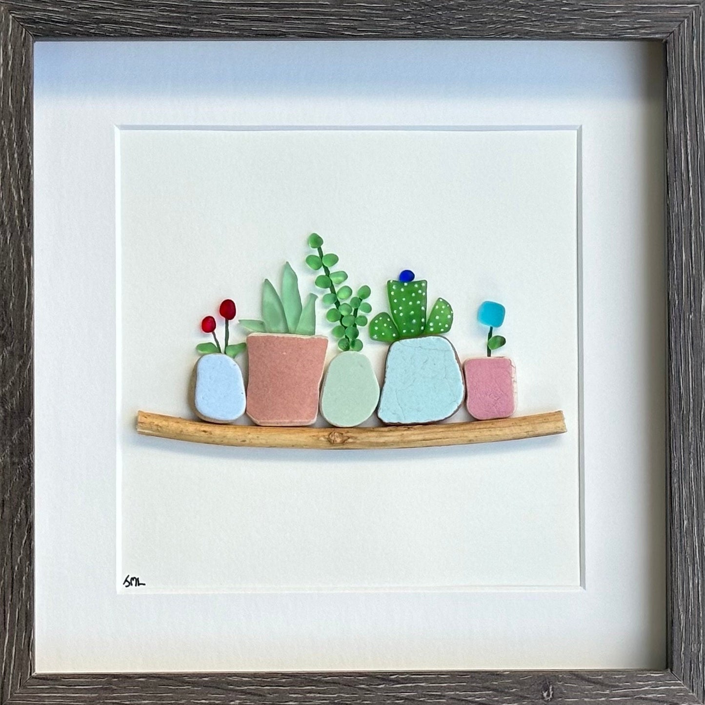 Sea Glass Plant Mosaic, Framed Beach Pottery Art, Handmade Wall Decor