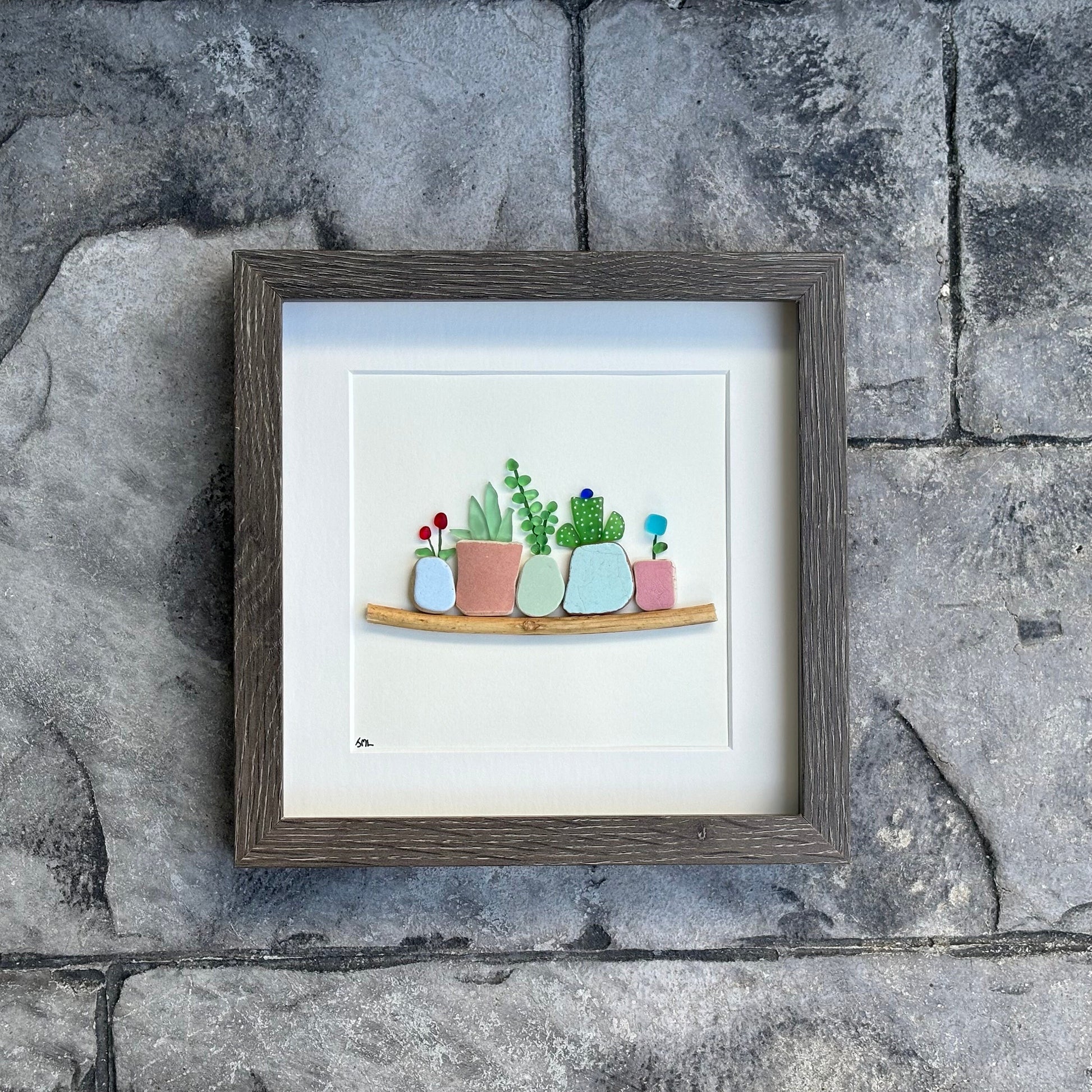 Sea Glass Plant Mosaic, Framed Beach Pottery Art, Handmade Wall Decor