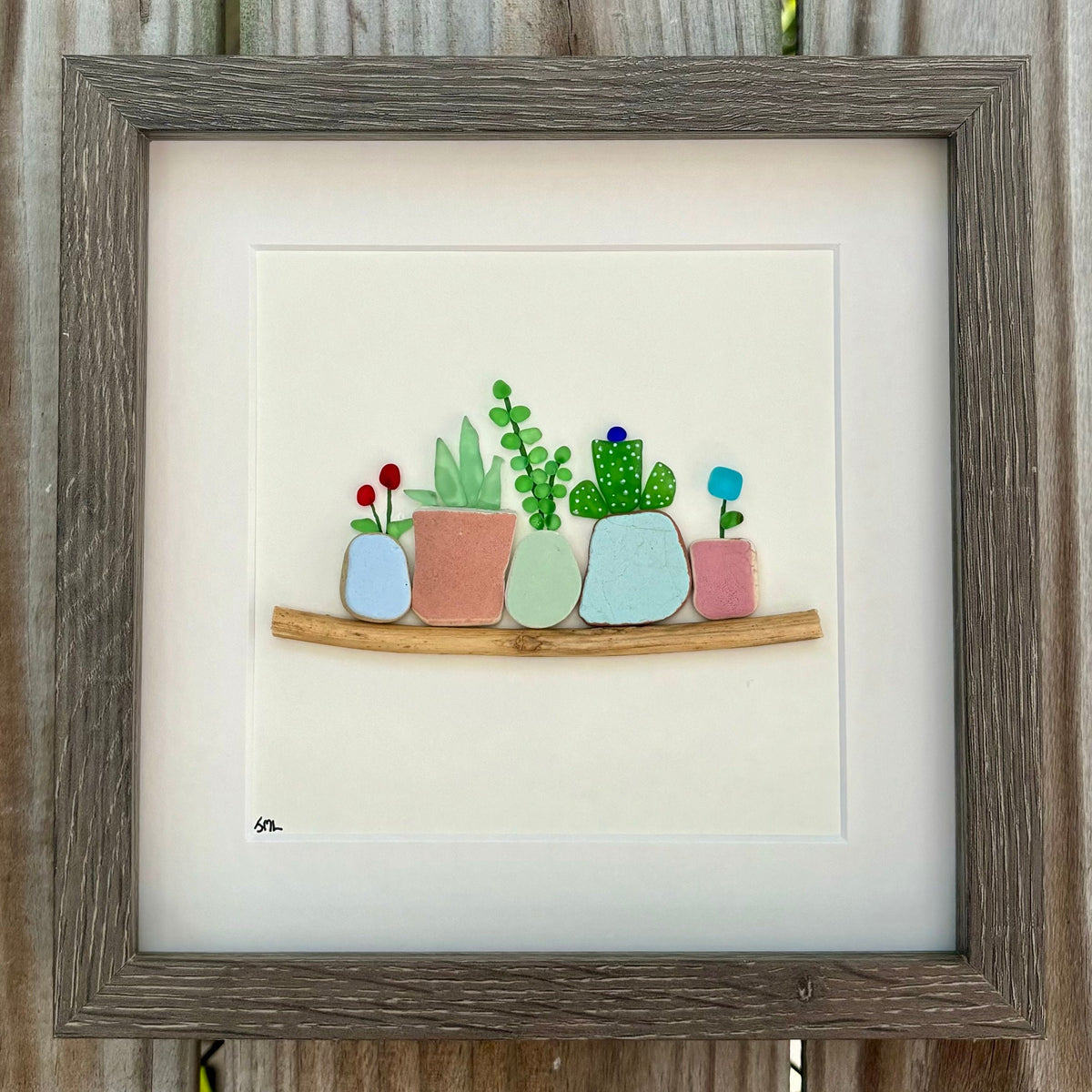 Framed Beach Mosaic Picture Made From Spanish Sea Pottery and Scottish Sea Glass, 9x9” Original Handmade Wall Art, Beach Gift, Plant Lover