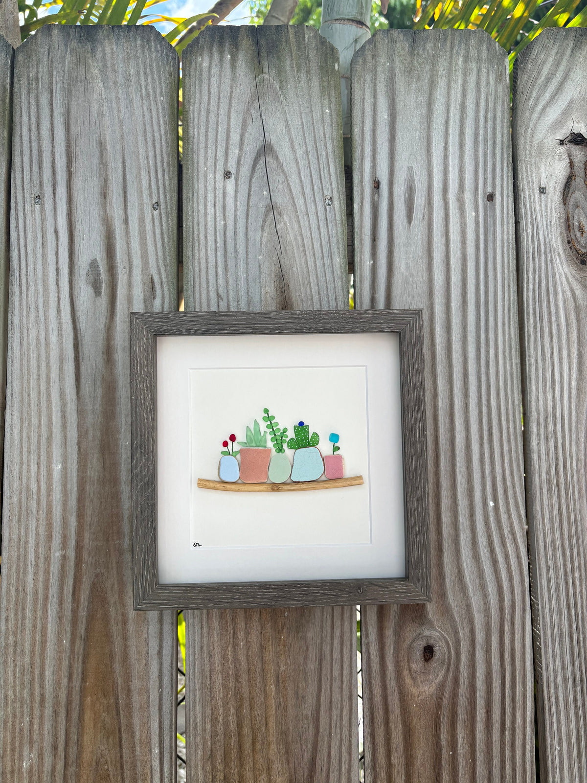 Framed Beach Mosaic Picture Made From Spanish Sea Pottery and Scottish Sea Glass, 9x9” Original Handmade Wall Art, Beach Gift, Plant Lover