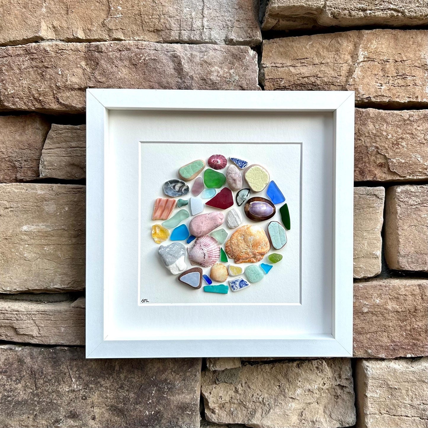 Abstract Beach Mosaic Circle Made of Sea Glass, Shells, Sea Pottery and Pebbles, 9x9 Framed Handmade Original Coastal Decor