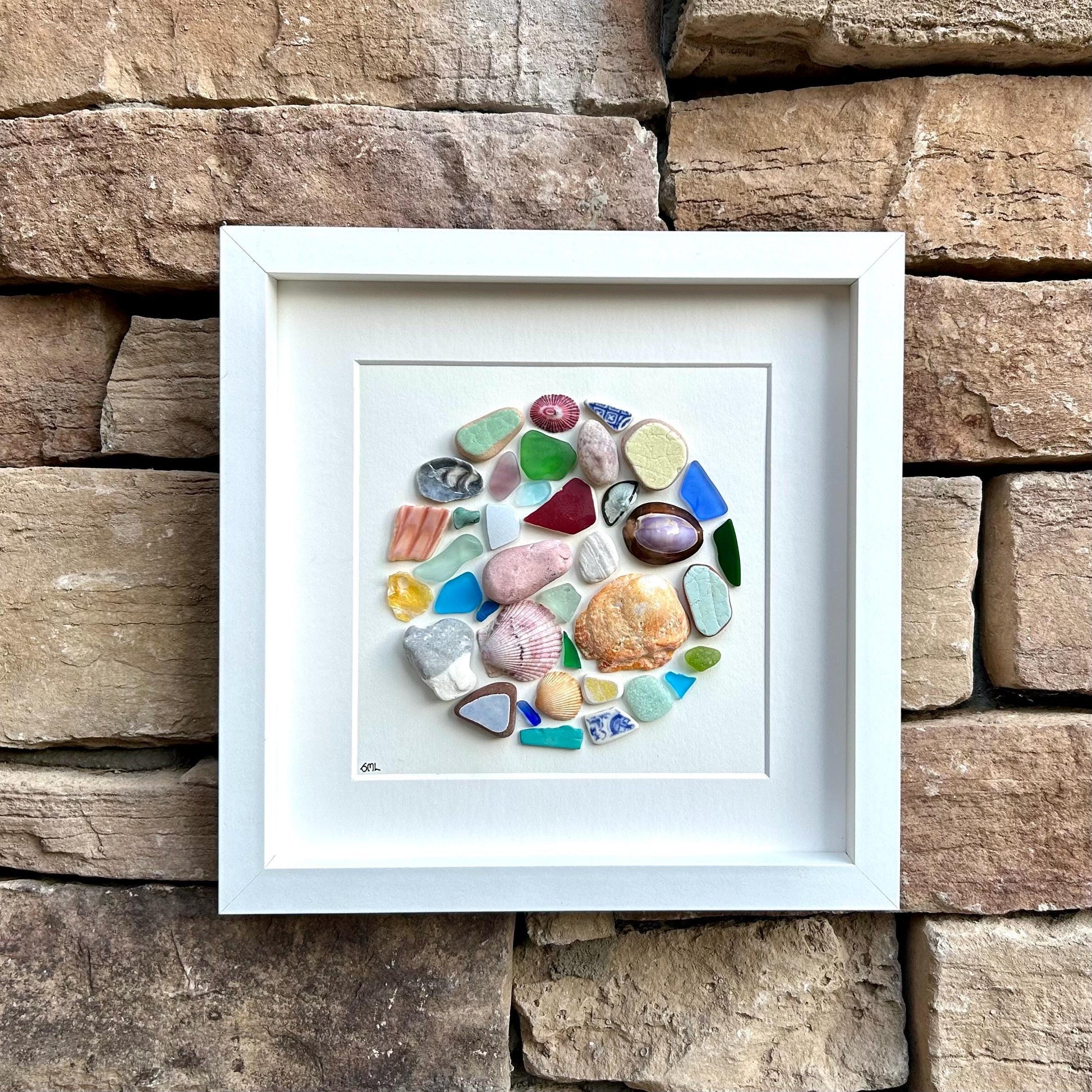Abstract Beach Mosaic Circle Made of Sea Glass, Shells, Sea Pottery and Pebbles, 9x9 Framed Handmade Original Coastal Decor