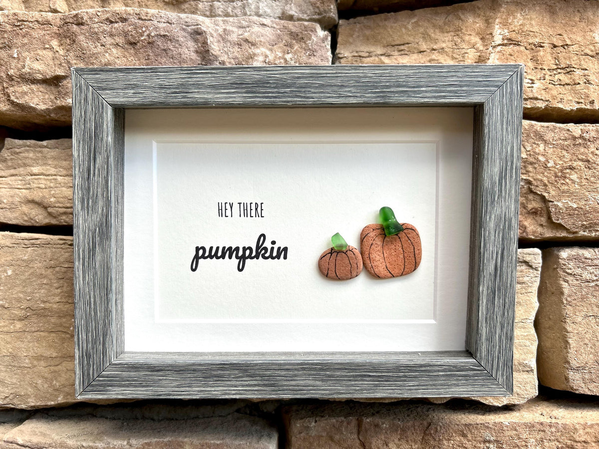 Hey There Pumpkin Framed Sea Glass and Pebble Artwork, 5x7” Original Fall Wall Decor, Handmade Natural Artwork, Halloween Art
