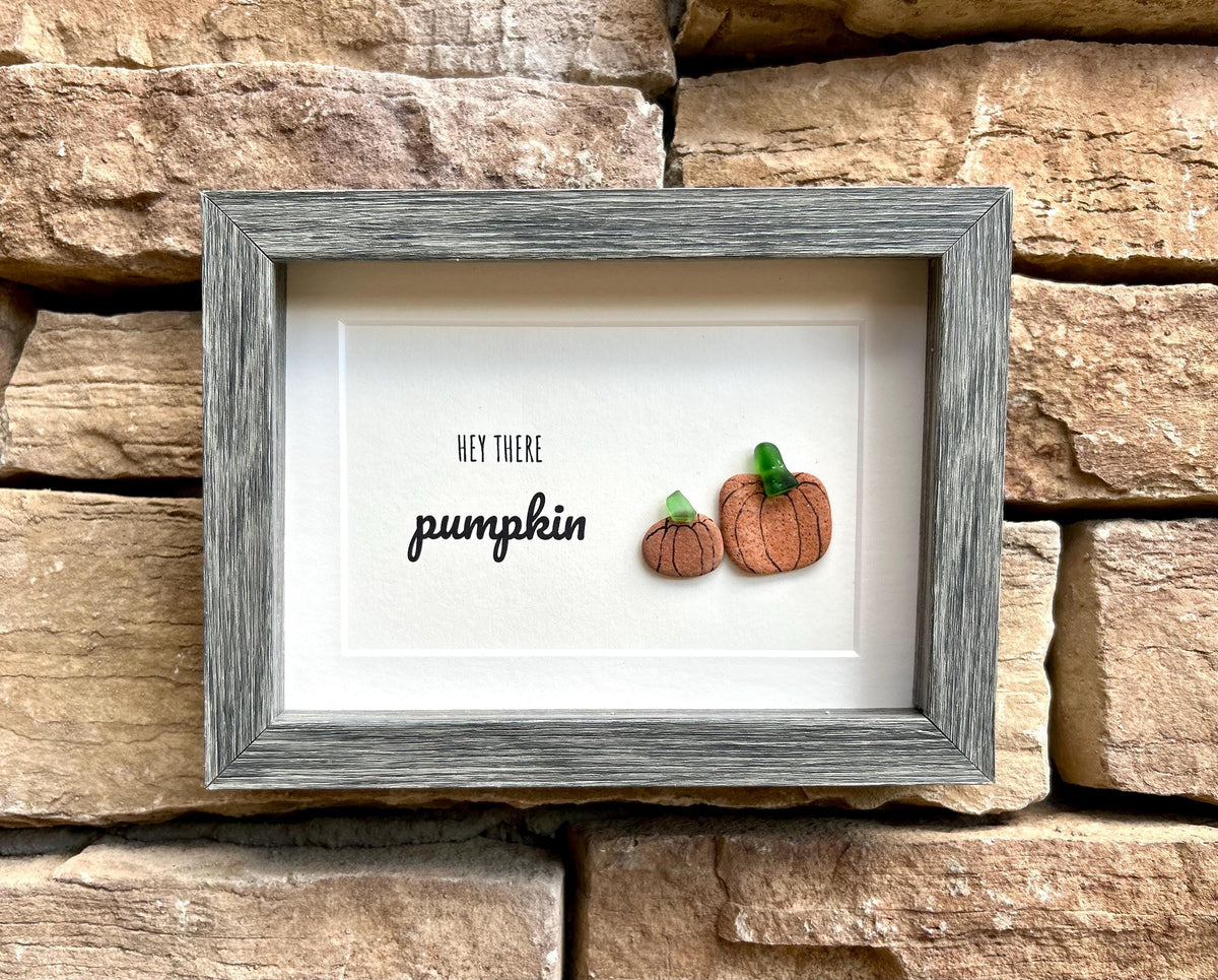 Hey There Pumpkin Framed Sea Glass and Pebble Artwork, 5x7” Original Fall Wall Decor, Handmade Natural Artwork, Halloween Art