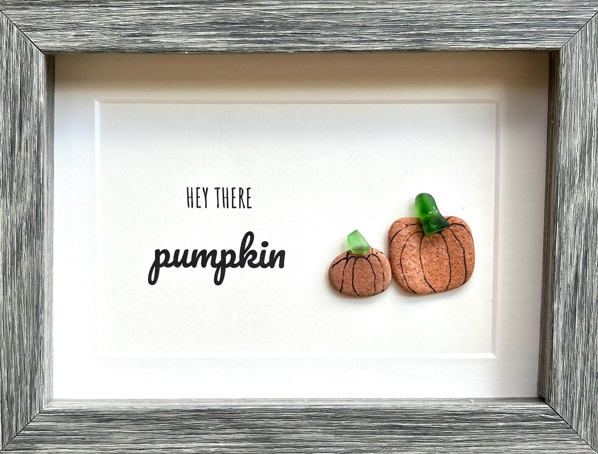 Hey There Pumpkin Framed Sea Glass and Pebble Artwork, 5x7” Original Fall Wall Decor, Handmade Natural Artwork, Halloween Art