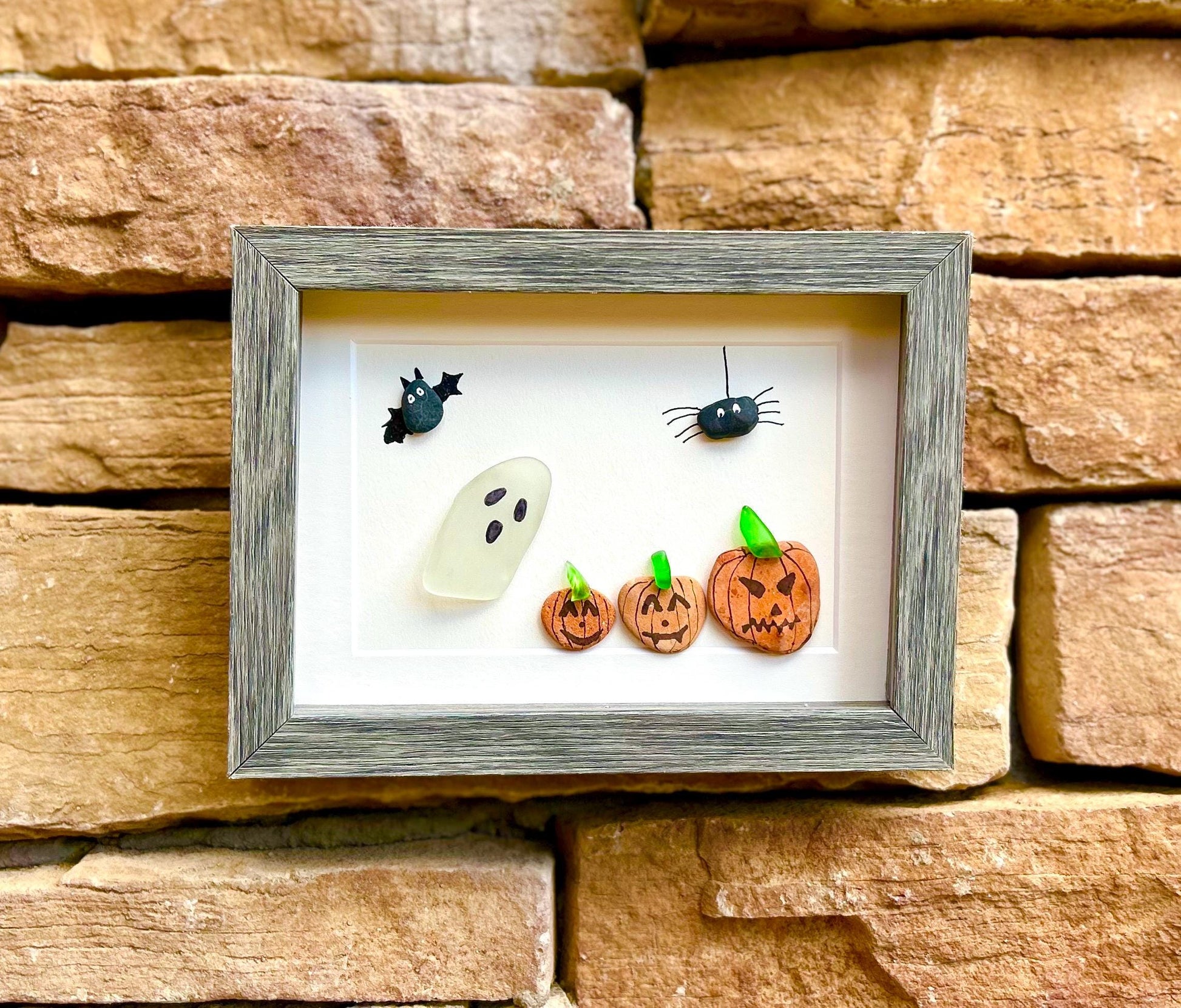 Halloween Framed Sea Glass and Pebble Artwork, 5x7” Original Fall Wall Decor, Handmade Halloween Art featuring a Ghost, Spider, Bat, Pumpkin