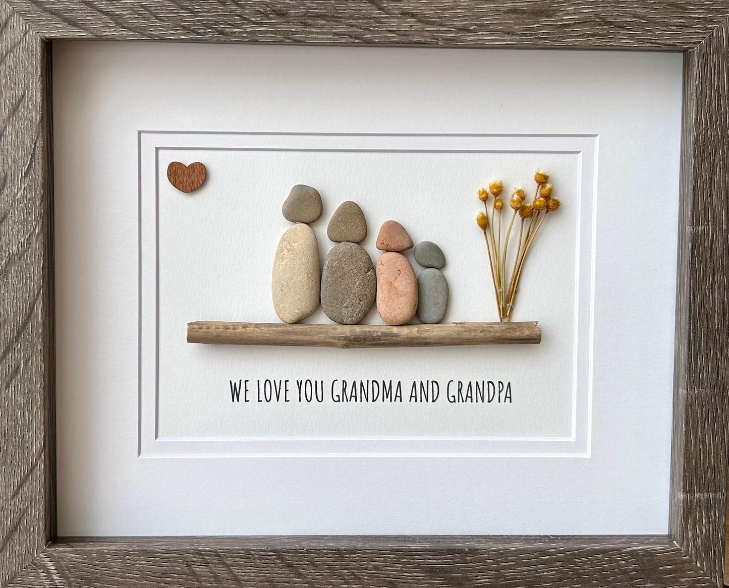 Handmade Pebble Art Grandparents Gift, Framed Family Portrait, 8x10
