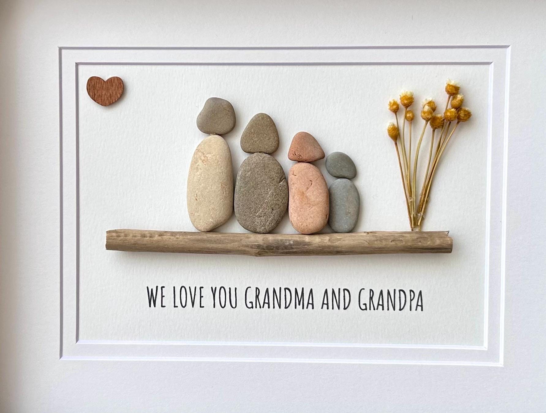Handmade Pebble Art Grandparents Gift, Framed Family Portrait, 8x10