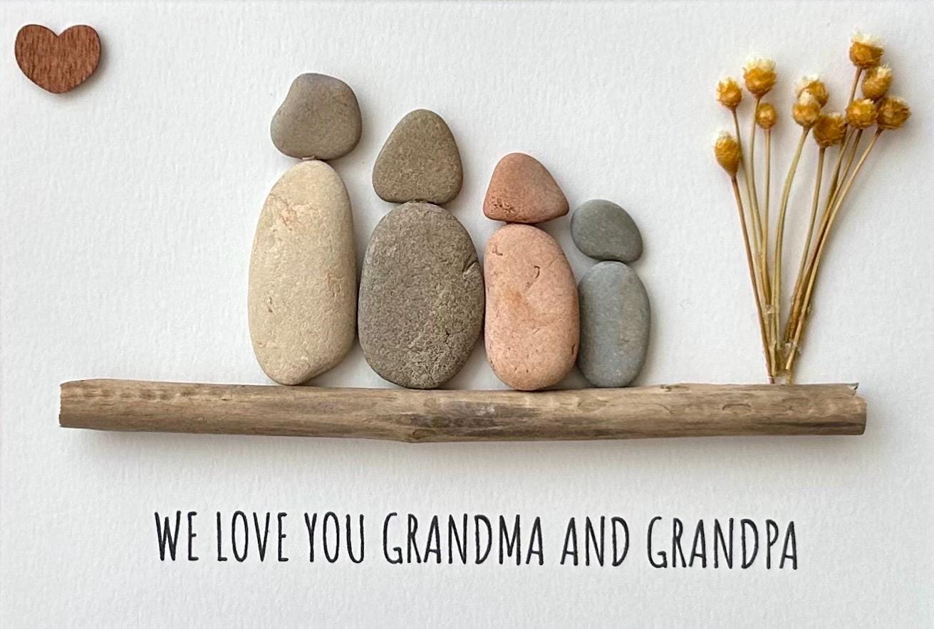 Handmade Pebble Art Grandparents Gift, Framed Family Portrait, 8x10