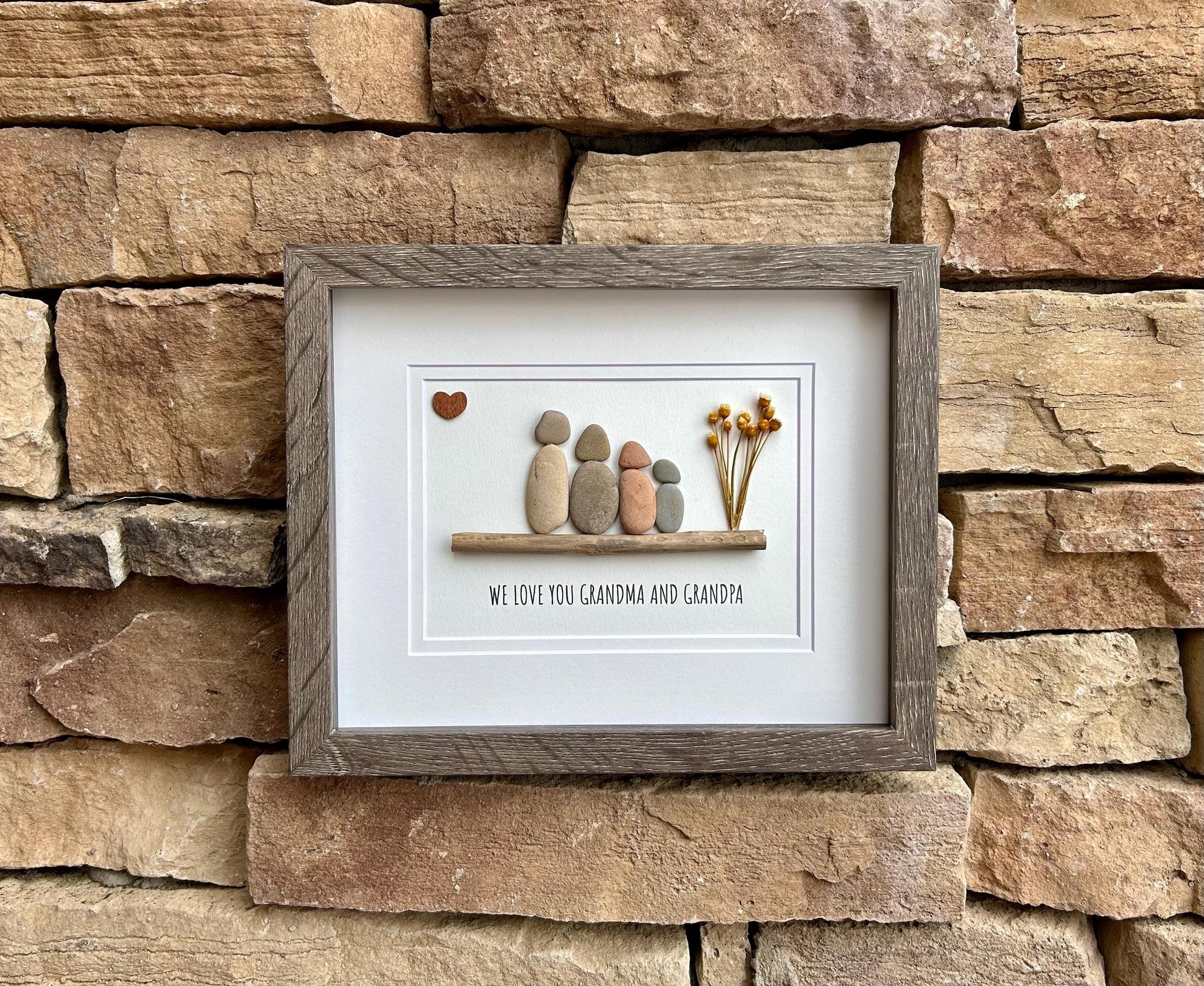 Handmade Pebble Art Grandparents Gift, Framed Family Portrait, 8x10