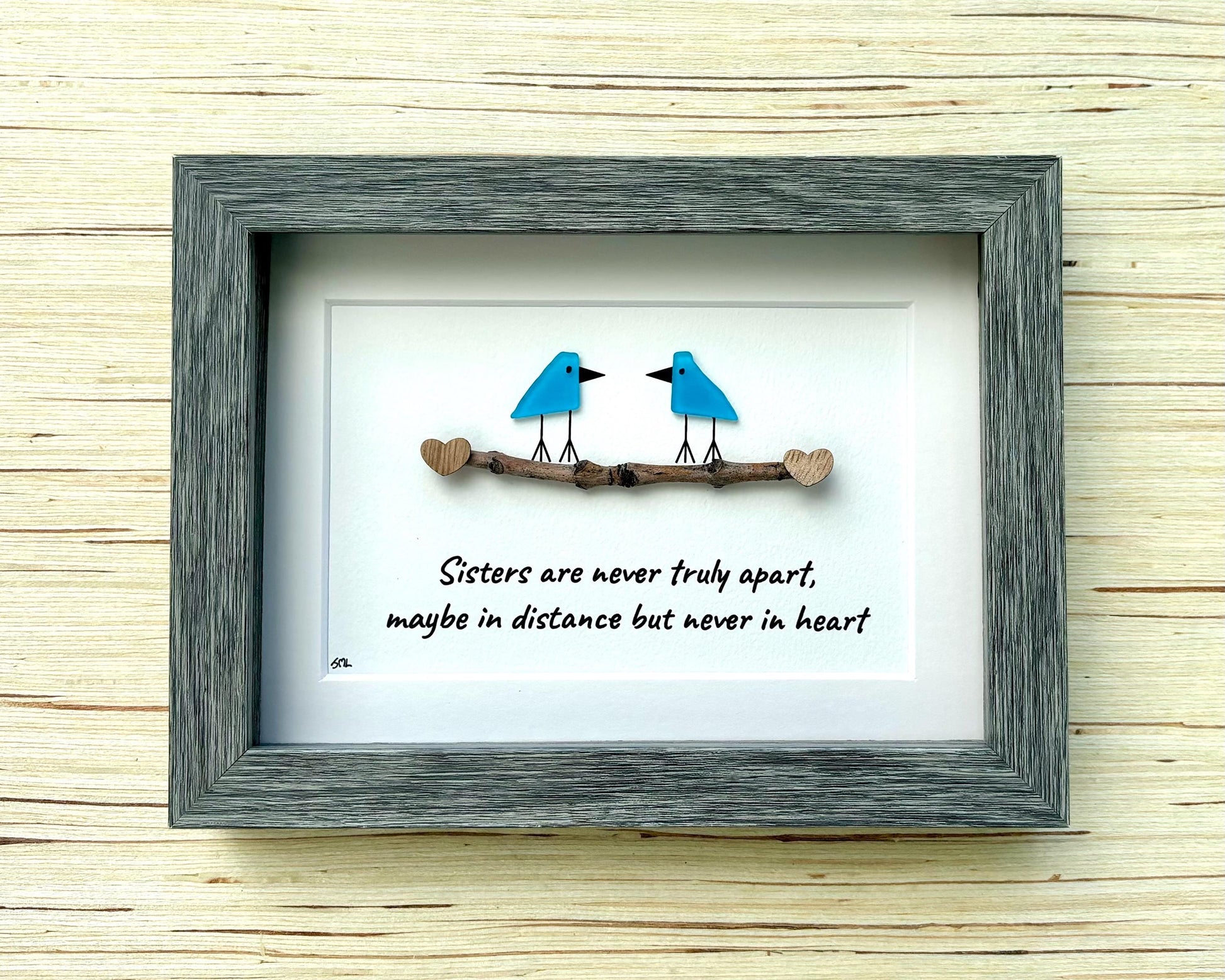 Sea Glass Bird Art, Sisters Gift, Framed Coastal Decor