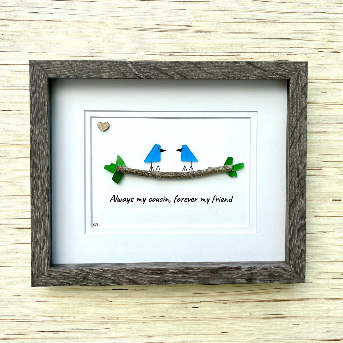 Unique Gift for Cousin, Framed 8x10 Sea Glass Art Captioned “Always my cousin, forever my friend”